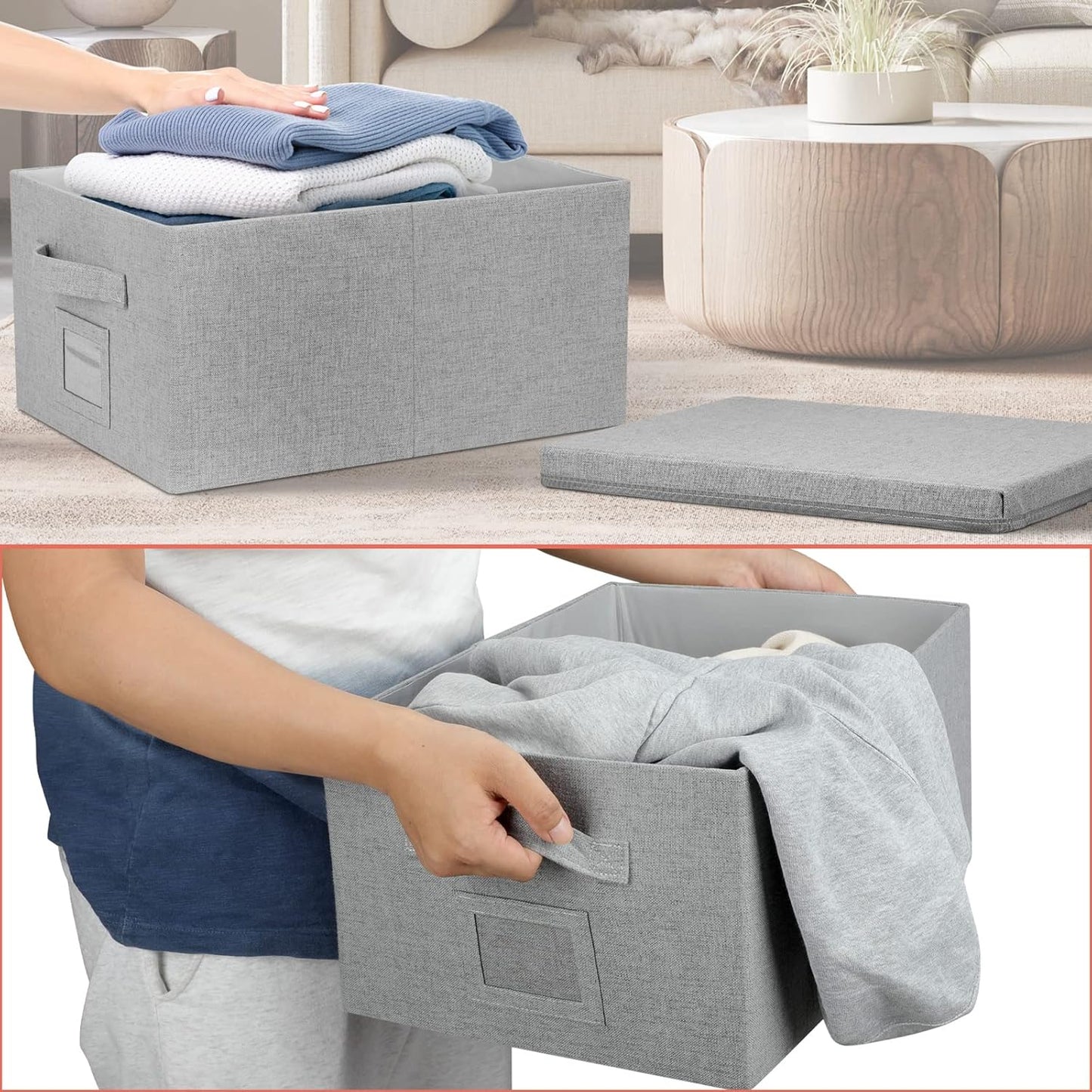 22.8qt Closet Storage Boxes with Lids Gray Folding Keepsake Storage Bins Stackable Flat Lidded Carboard Storage Contaner for Clothes Barbie Shoes, 2 Pack
