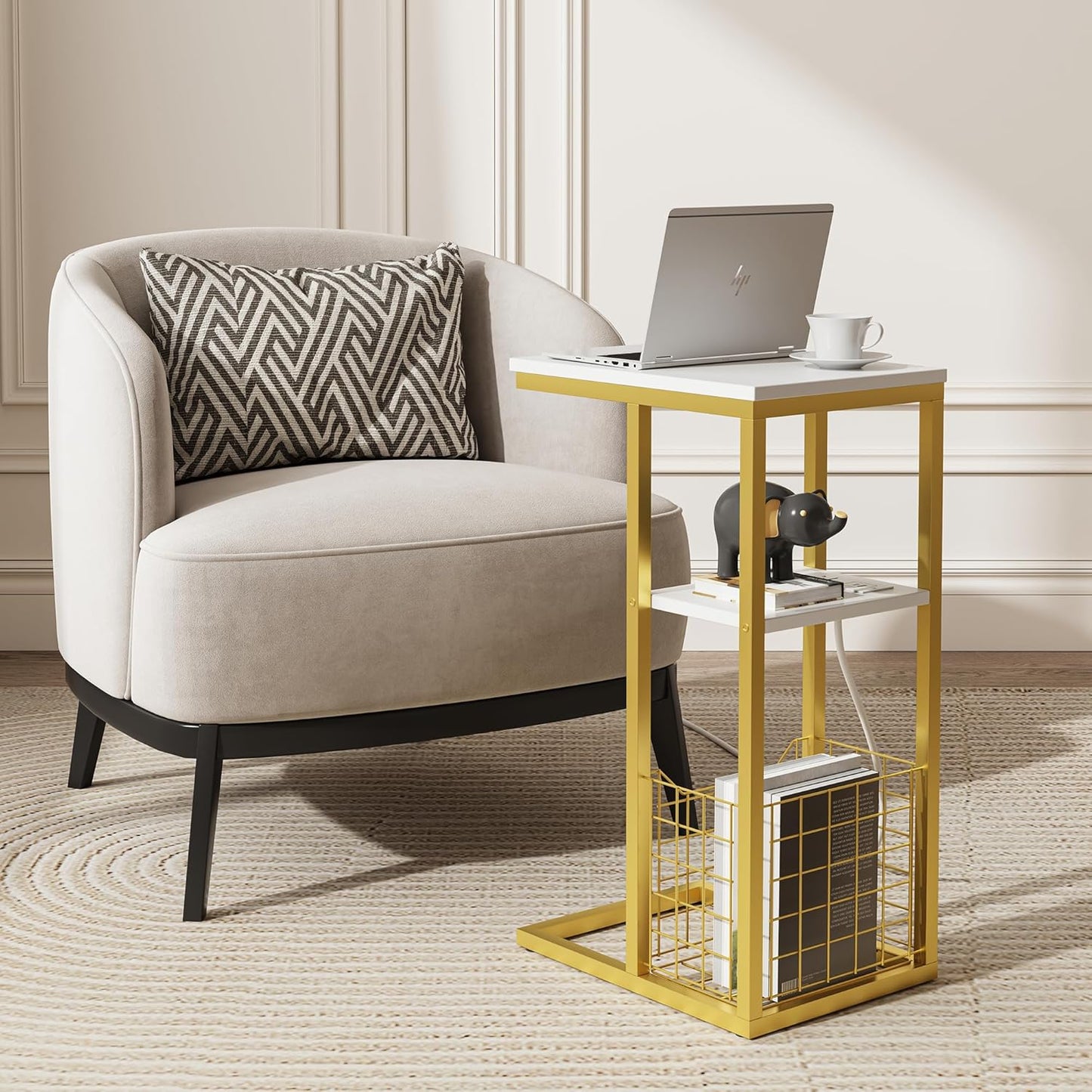 Vagusicc C Shaped End Table with Charging Station, Side Table for Couch, Small Side End Table for Small Spaces, 28" High Slide Under Sofa Table for Coffee, Tv Tray Table for Living Room, Golden