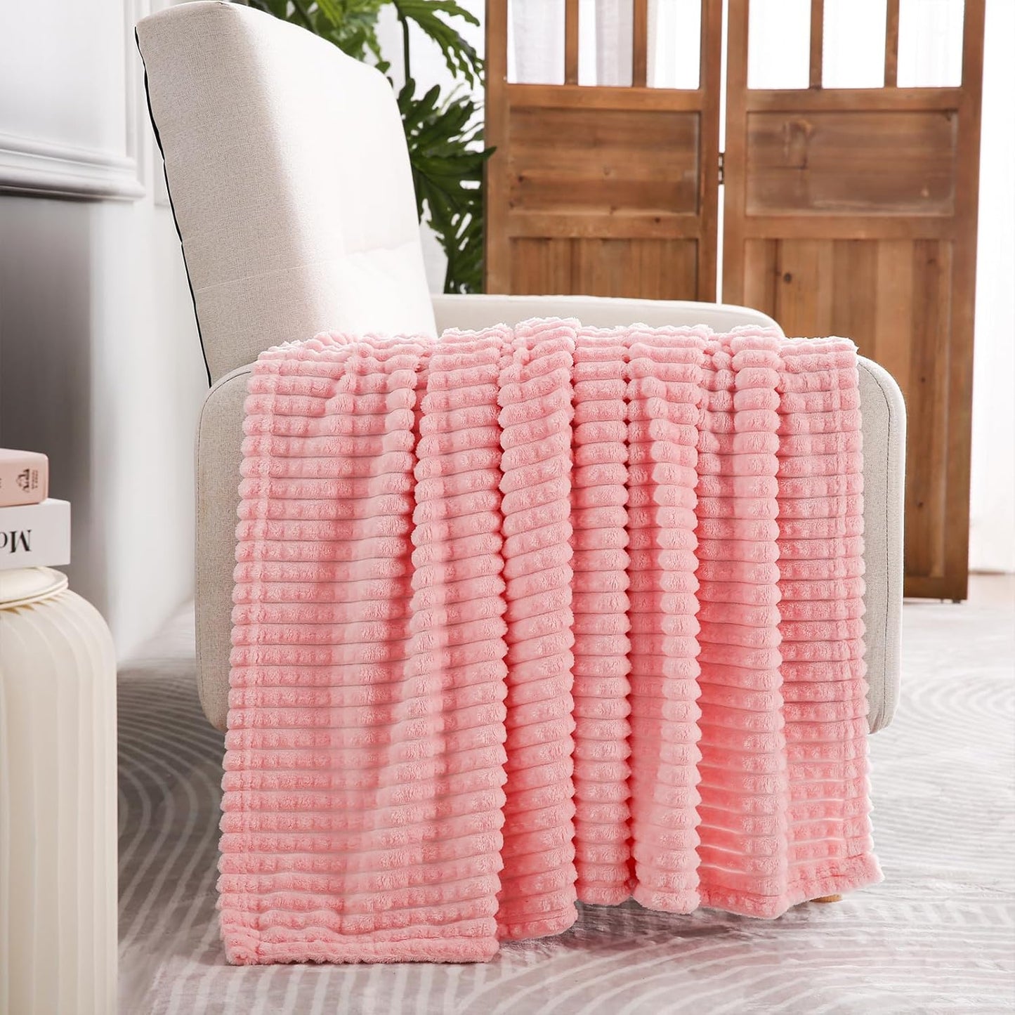 Puncuntex Flannel Fleece Throw Blanket Light Pink 90"×90",Super Soft Plush Cozy Blanket with Square Grid Design Luxury for Couch Sofa Chair