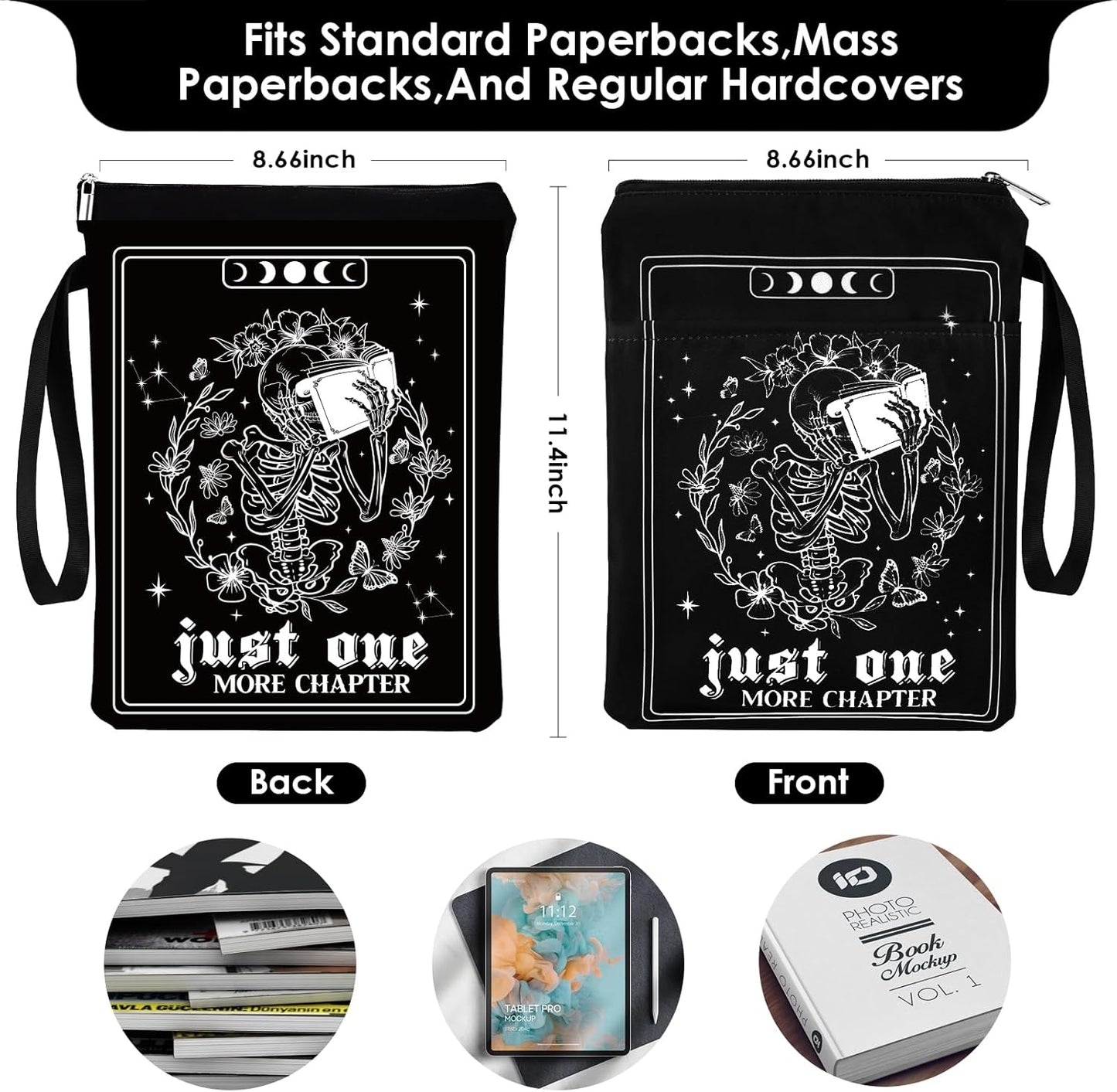 Gothic Skeleton Book Sleeve - Tarot Card Book Sleeves Office Just One More Chapter Skull Waterproof Book Covers with Zipper Pouch Front Pocket Romance Washable Gifts for Books Lover Reader
