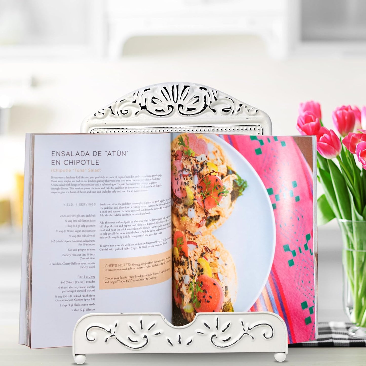 Metal Recipe Book Stand – White Ornate Cookbook Holder with Floral Design – Distressed Vintage-Style Decorative Easel for Kitchen, Farmhouse Decor, Counter Display – Great Gift for Moms & Cooks