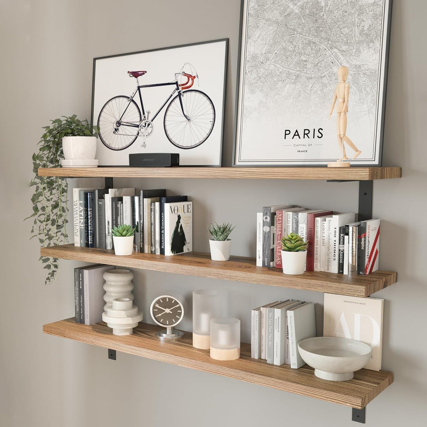 Wallniture Cervo 48" x 10" Rustic Wall Mounted Floating Shelves, Wall Bookshelf for Living Room Decor, Kitchen Shelves, Floating Shelf, Set of 3, Burnt