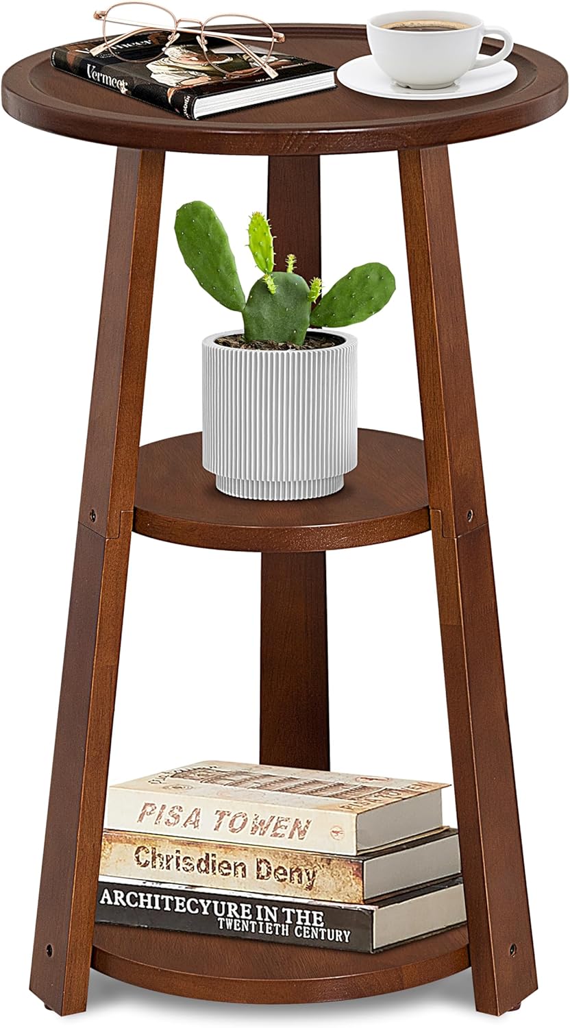3-Tier Round Side Table, Solid Wood End Table & Nightstand for Small Spaces, Compact Accent Table for Living Room, Bedroom, Office (Red Brown Finish)