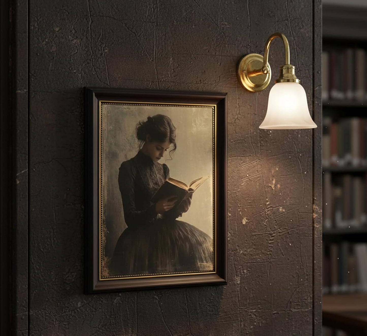 HELTYHB Vintage Dark Brown Framed Wall Art - Vintage Reading Woman Canvas Prints, Dark Academia Decor for Living Room & Study Room, Gifts for Friends & Family (9x11 Inch)