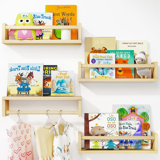Fixwal Nursery Book Shelves, 16.5 Inch Floating Nursery Bookshelves, Set of 4, Solid Wood Wall Mounted Shelves for Books and Toys Storage (Natural Wood)