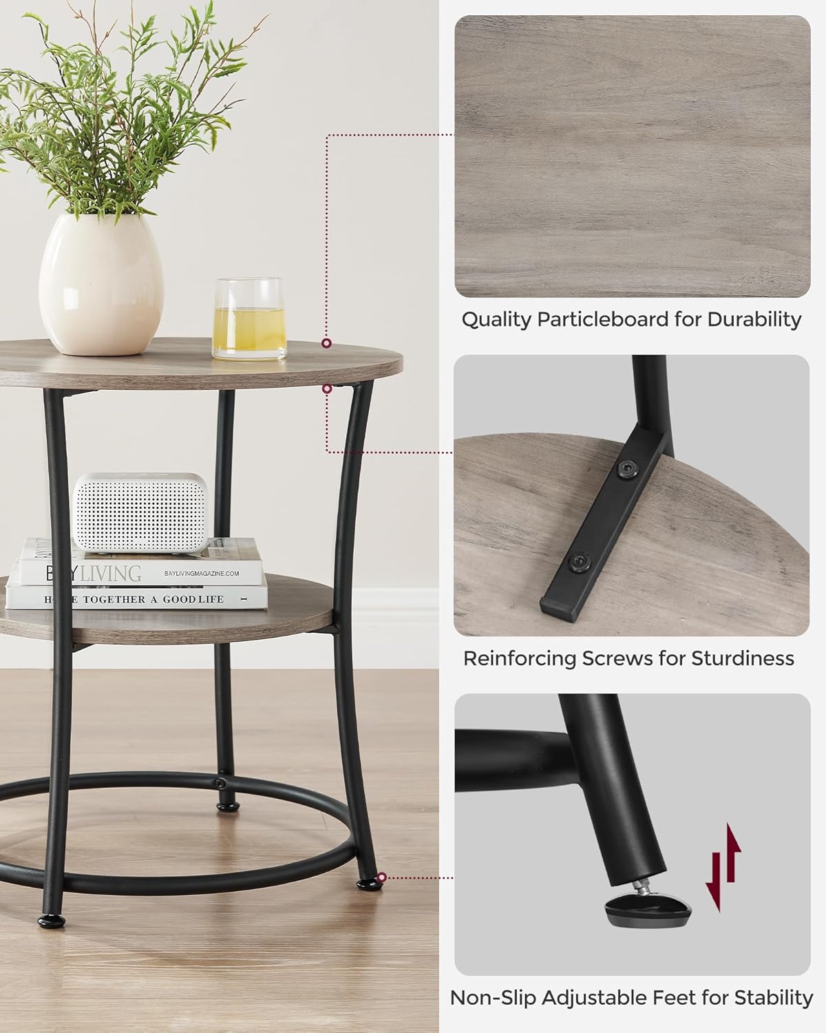 VASAGLE 21.7-Inch Round Side Table, 2-Tier End Table, Nightstand with Steel Frame, Spacious Top, for Small Spaces, Living Room, Bedroom, Heather Greige and Ink Black ULET56BG | 2 Storage Shelves, Living Room, Bedroom, Nightstand, Small Spaces, Accent Coff