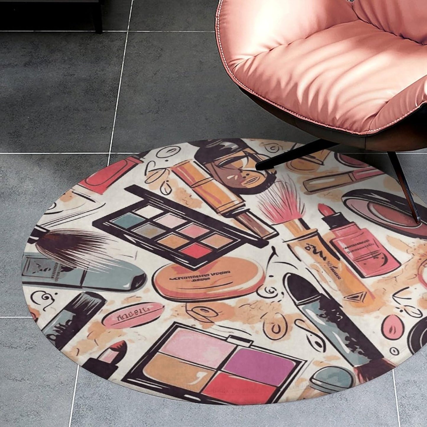 Cosmetic and Makeup Theme Pattern Circle Rug Retro Luxury Coral Velvet Floor Mat Non Slip Soft Indoor Floor Carpet Comfy Thickened Area Rugs Modern Aesthetic Minimalist Carpets for Home Decor