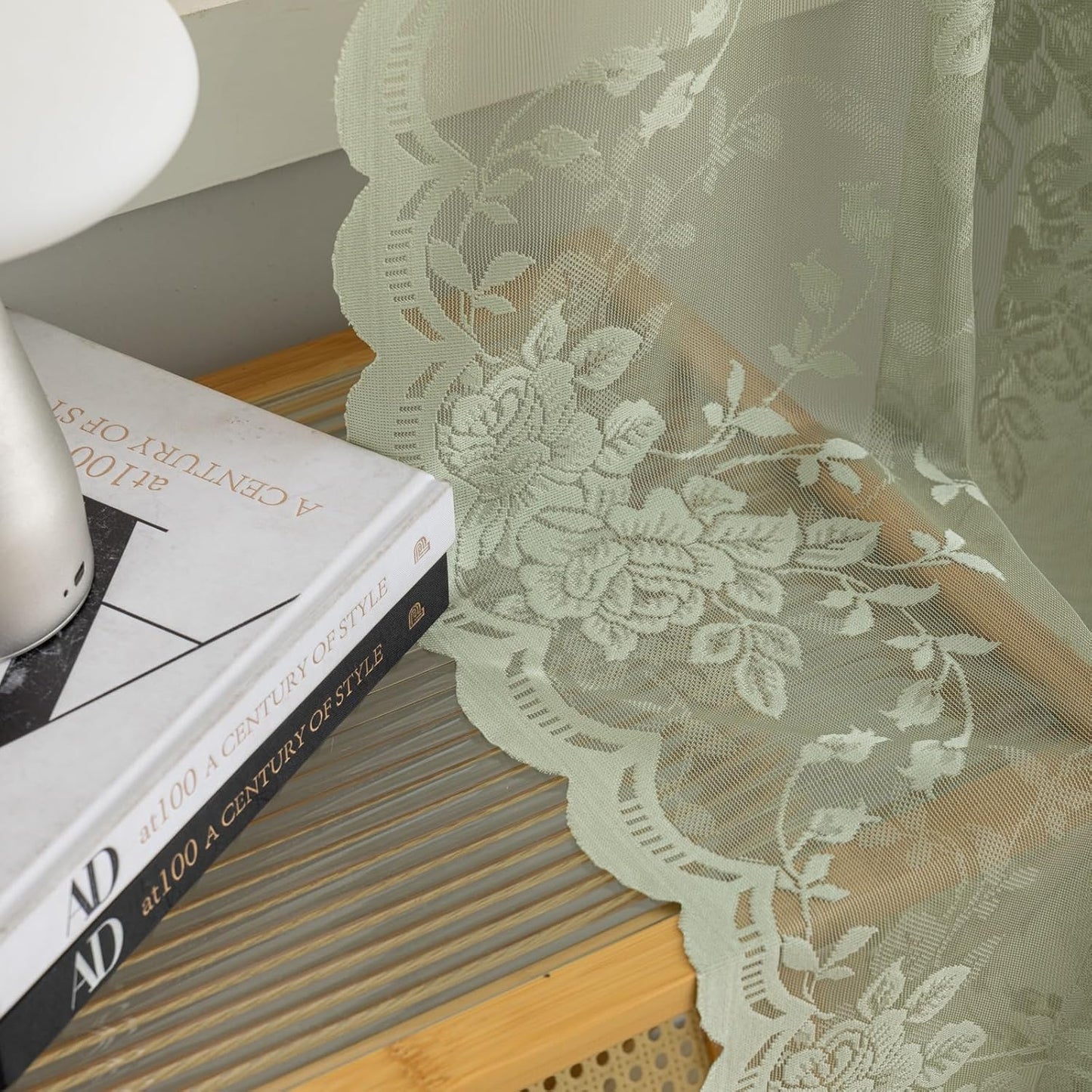 YJ YANJUN Sage Green Sheer Curtains 72 Inch Long 2 Panels Floral Patterned Boho Net Curtains Privacy Lace Gauze Curtain Panels for Boy Bedroom Room Divinding Closet Door 6 FT Length Light Sage