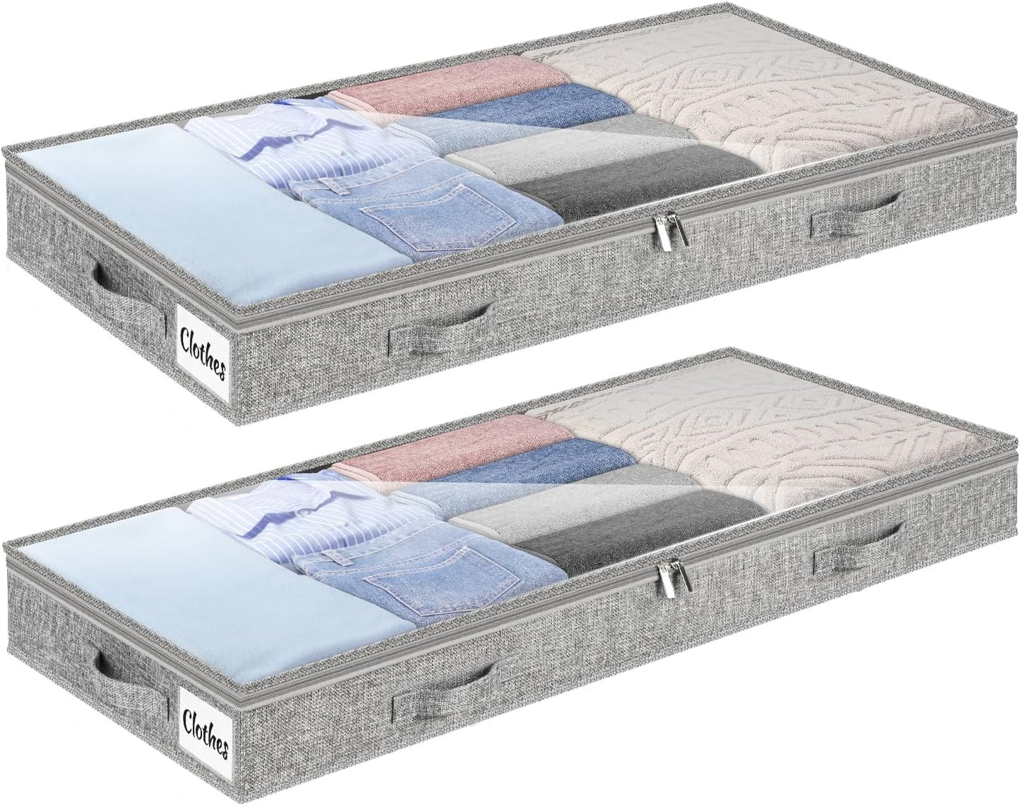 3 Inch Low Profile Under Bed Storage Drawer 2 Pack, Lightweight Underbed Clothes Storage Container Bins with NO STURCTURE, Shallow Storage Bag for Dorm & Home, With Clear Lids & Water-Resistant Fabric