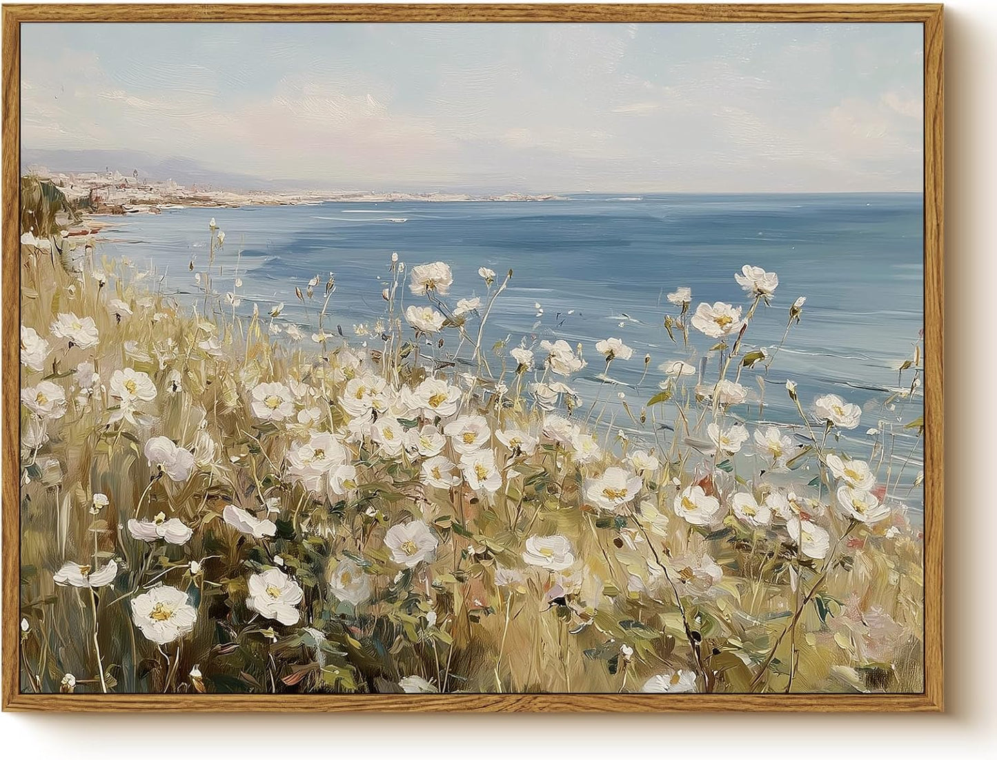 WHASAYART Framed Coastal Landscape Canvas Wall Art, Blue Ocean and Seaside Meadow White Poppy Flower Field Print Painting, Spring Summer Pictures Decor for Dining Room Living Room Bedroom 12x16