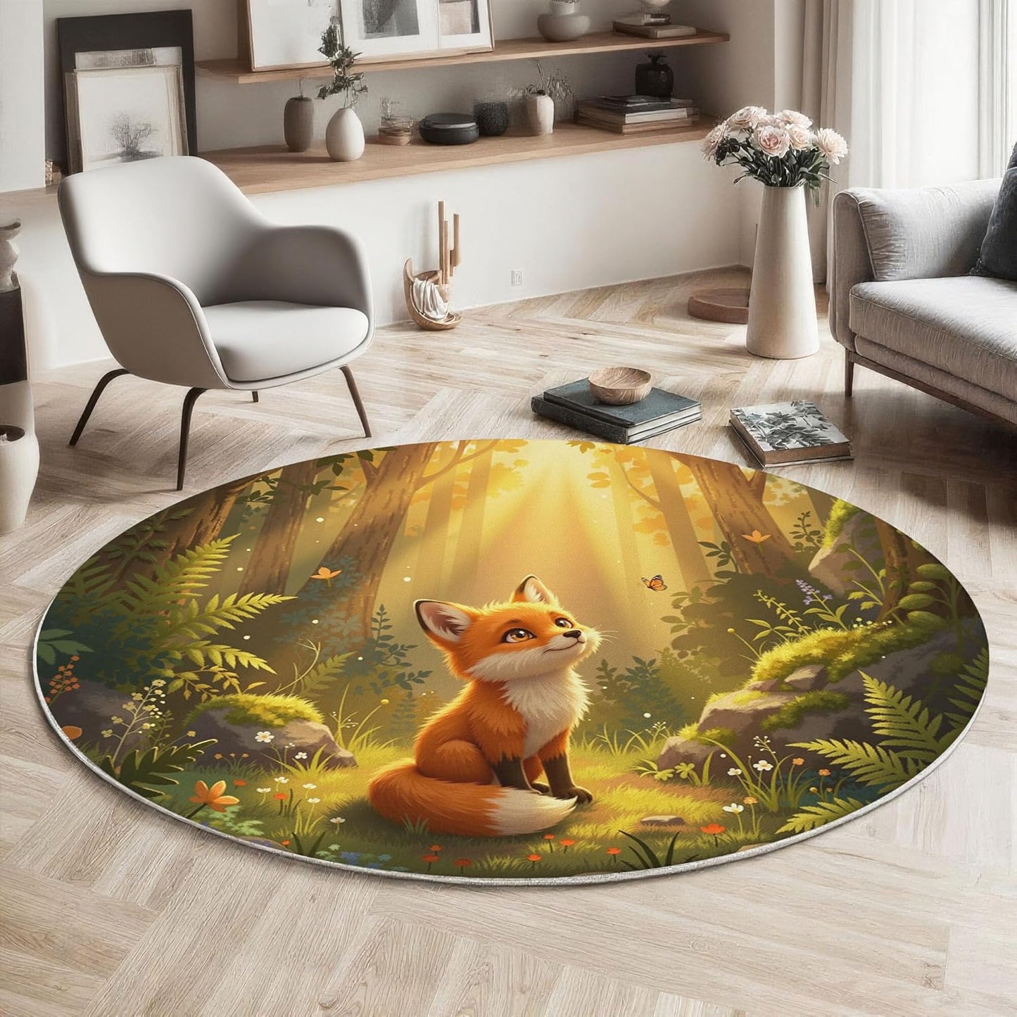 Sunshine Fox Grass Round Rugs 6Ft, Cute Animals Round Living Room Area Rug, Washable Large Soft Circle Rug for Bedroom, Non Slip Ultra Thin Floor Carpet for Dining Room, Forest Green