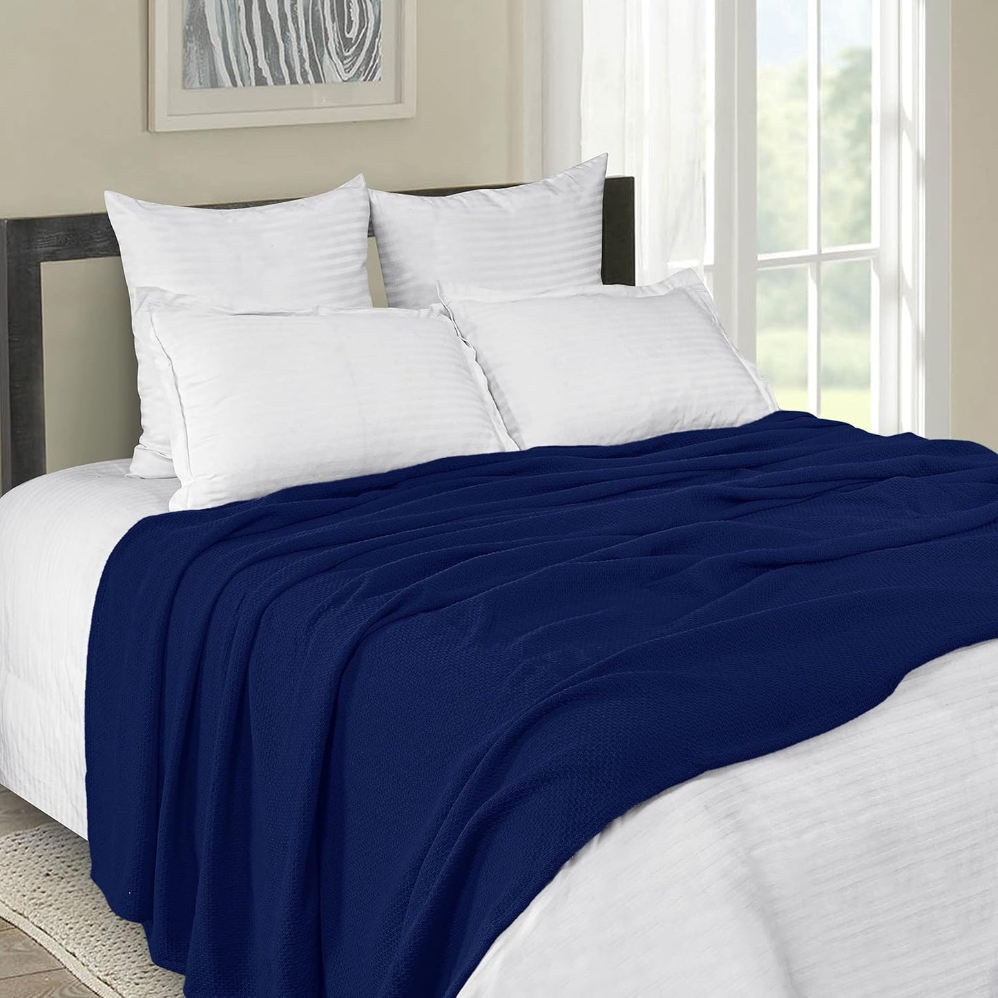 BOUTIQUO 100% Cotton Bed Blanket, Breathable Thermal Blanket King Size, Soft Honeycomb Waffle Blanket 90"x102", Cotton Bed Blanket, Perfect for Layering Any Bed for All Season, Navy Blue