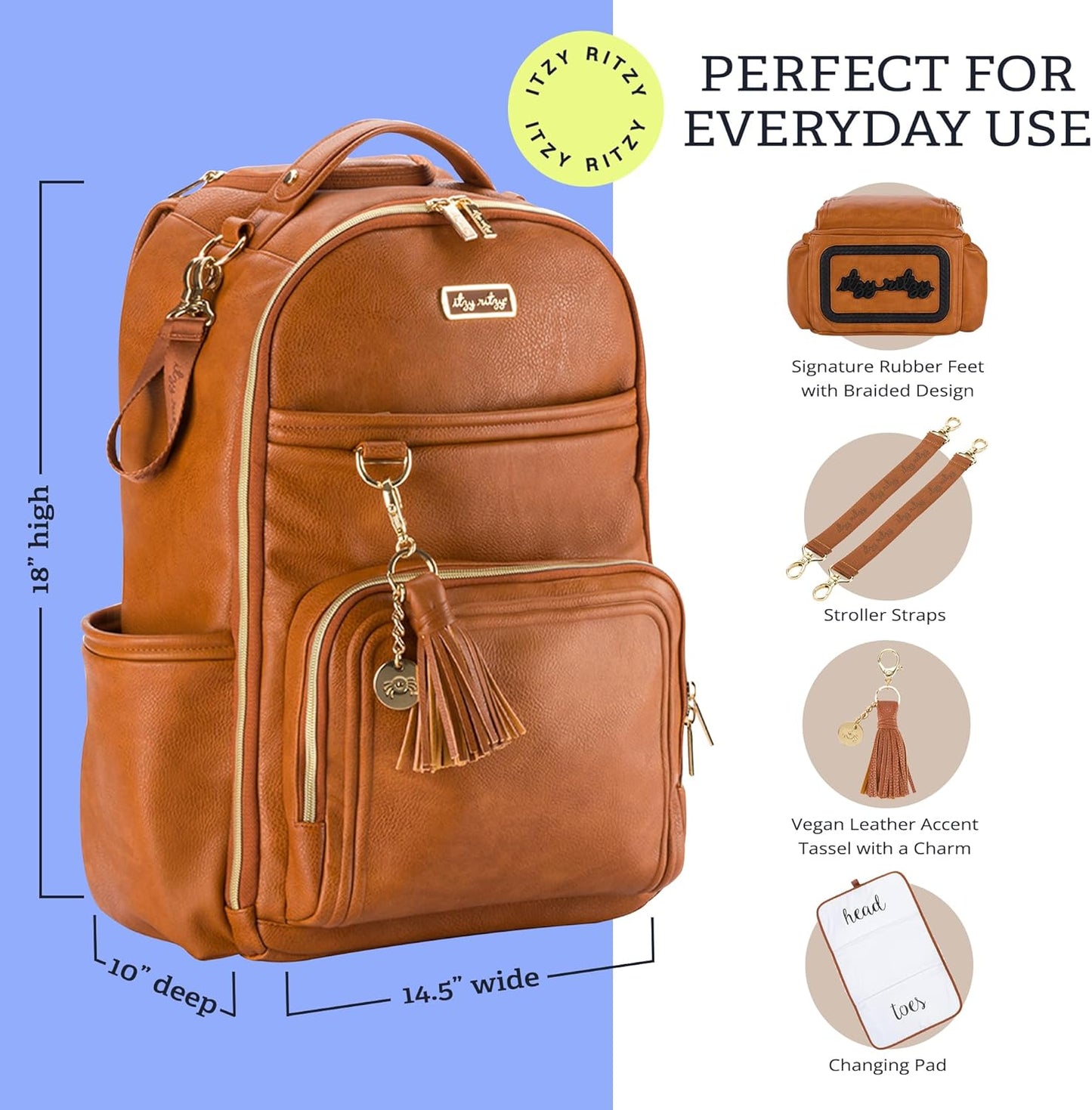Itzy Ritzy Diaper Bag Backpack – Large Capacity Boss Plus Baby Backpack Diaper Bag Featuring 19 Pockets, Changing Pad, Stroller Clips, and Comfortable Straps (Cognac)