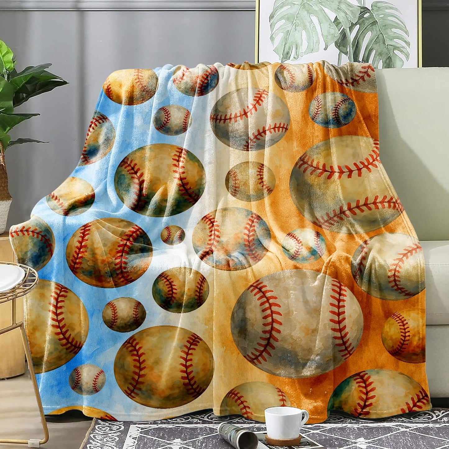 Baseball Throw Blanket 50x60 - Soft Flannel Fleece, Boys Sports Room Decor, Cozy Kids Couch & Bed Gift, Watercolor Red Stitching