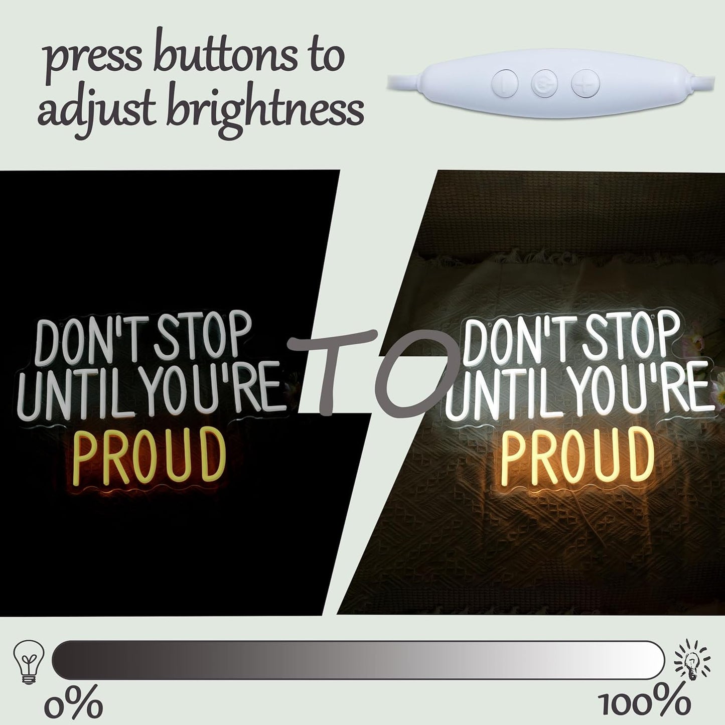 Don’t Stop Until You’re Proud Neon Sign for Wall Decor Inspirational White Neon Light Dimmable Encouragement Letter Light Up Sign for Bedroom House Gym Classroom