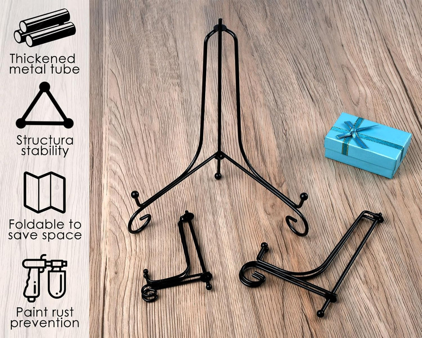 DS. DISTINCTIVE STYLE 6-Piece Metal Tabletop Display Stands - 3 Sizes (4, 6, 8 Inch) Black Picture Frame Holder for Plates, Paintings, Books, etc.