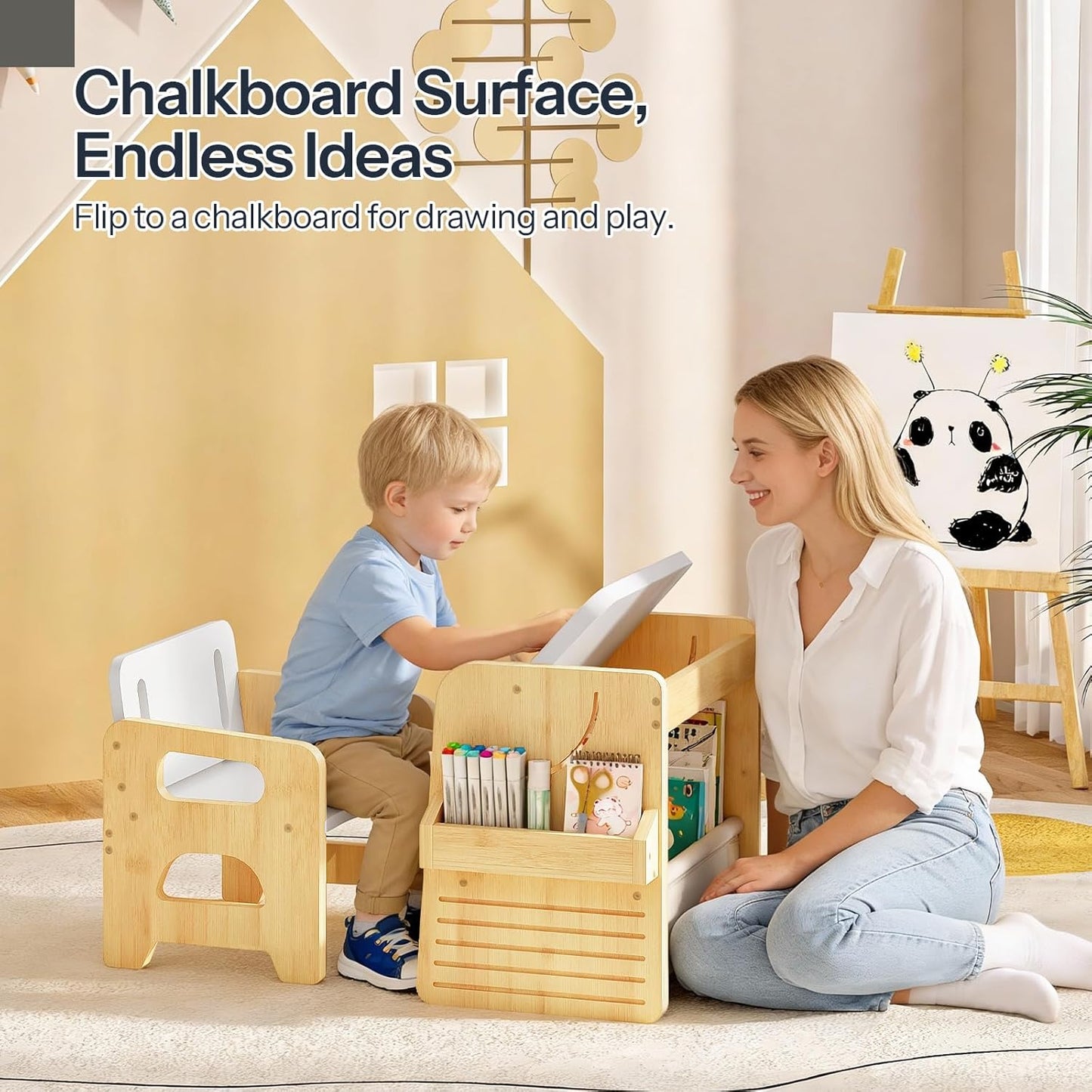 HOOBRO Kids Table and Chair Set, Bamboo Toddler Table and Chair Set, Weaning Baby Table Chair Set for Age 1-3, Two-Sided Flip Tabletop, Kids Funiture for Reading Eating Playing Natural YW30KT01
