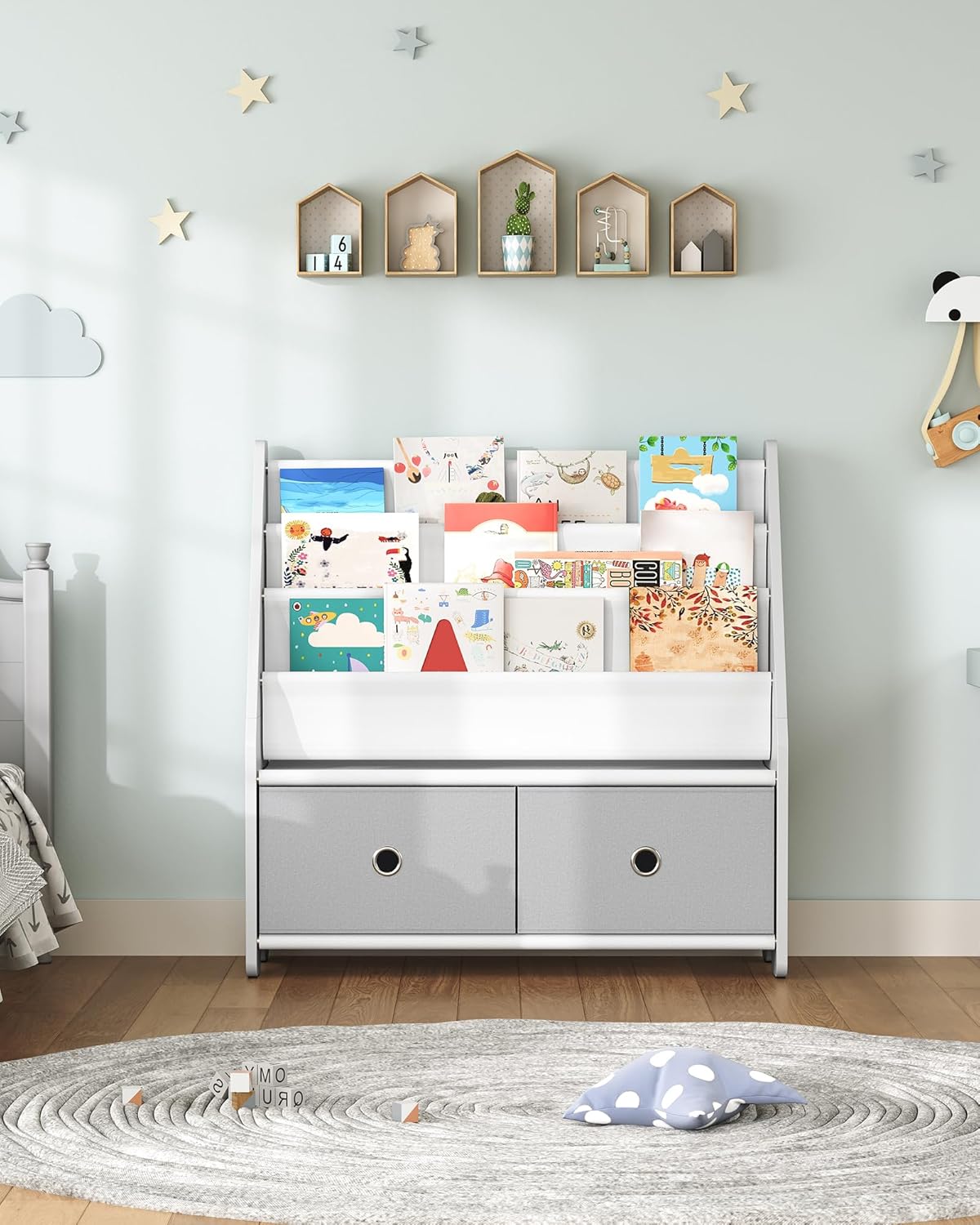 Kids Bookshelf and Toy Storage, 4 Tier Large Capacity Kids Book Rack, Sling Kid Bookcase, for Kids Room, Nursery, Playroom, White and Gray MCW06WT