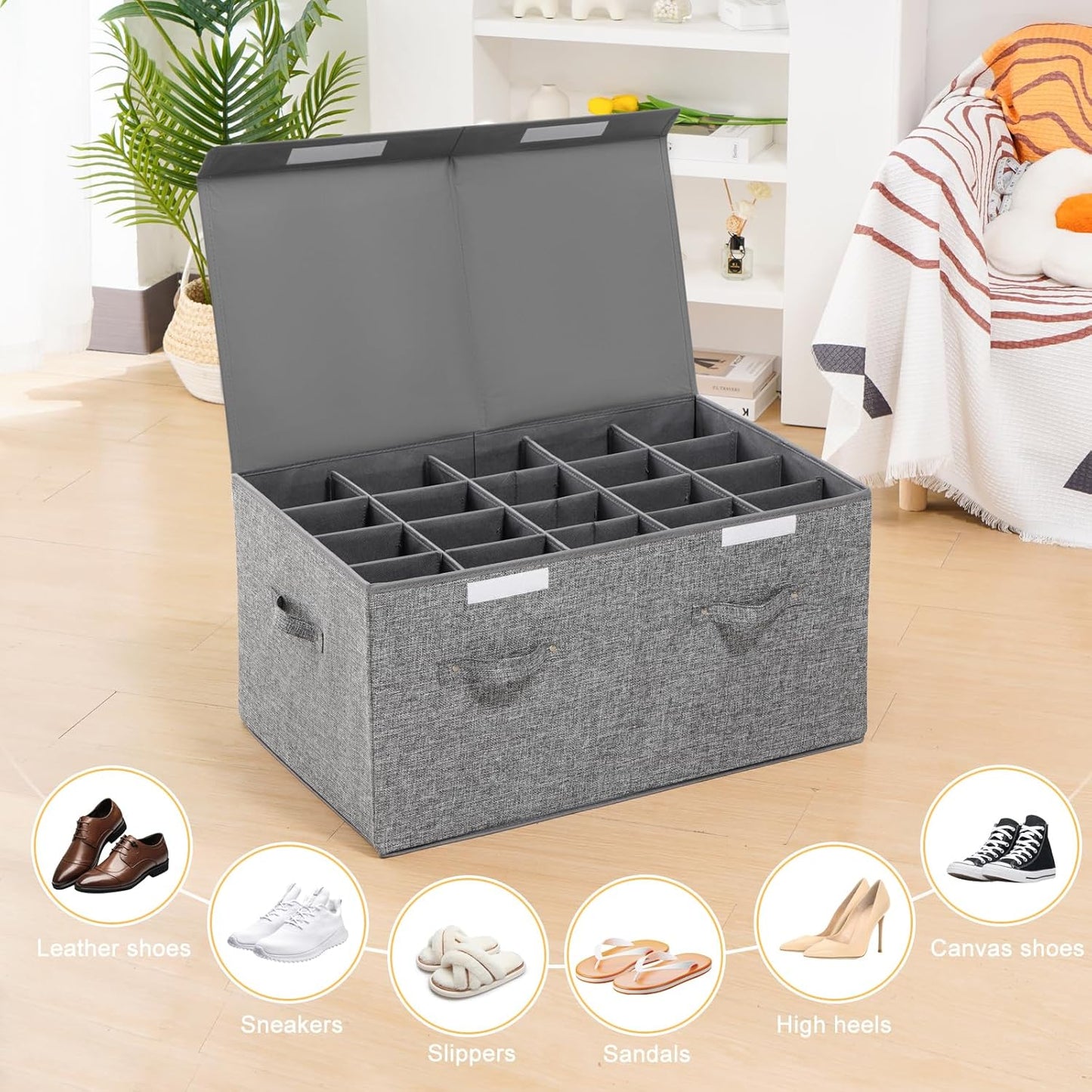 Shoe Storage Organizer for Closet Fits 20 Pairs, Large Shoe Storage Box Bins Containers with Lid and Adjustable Dividers for Shoes, Sneakers and High Heeled, Hard Shell and Stackable (Grey)