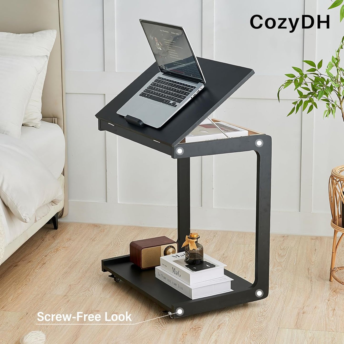 Black Side Table - C Shaped End Table for Couch, Wooden Small Black End Table for Living Room, Couch Tables That Slide Under Sofa, Rolling Side Table with Wheels for Bedroom, Sofa Tray for Laptop