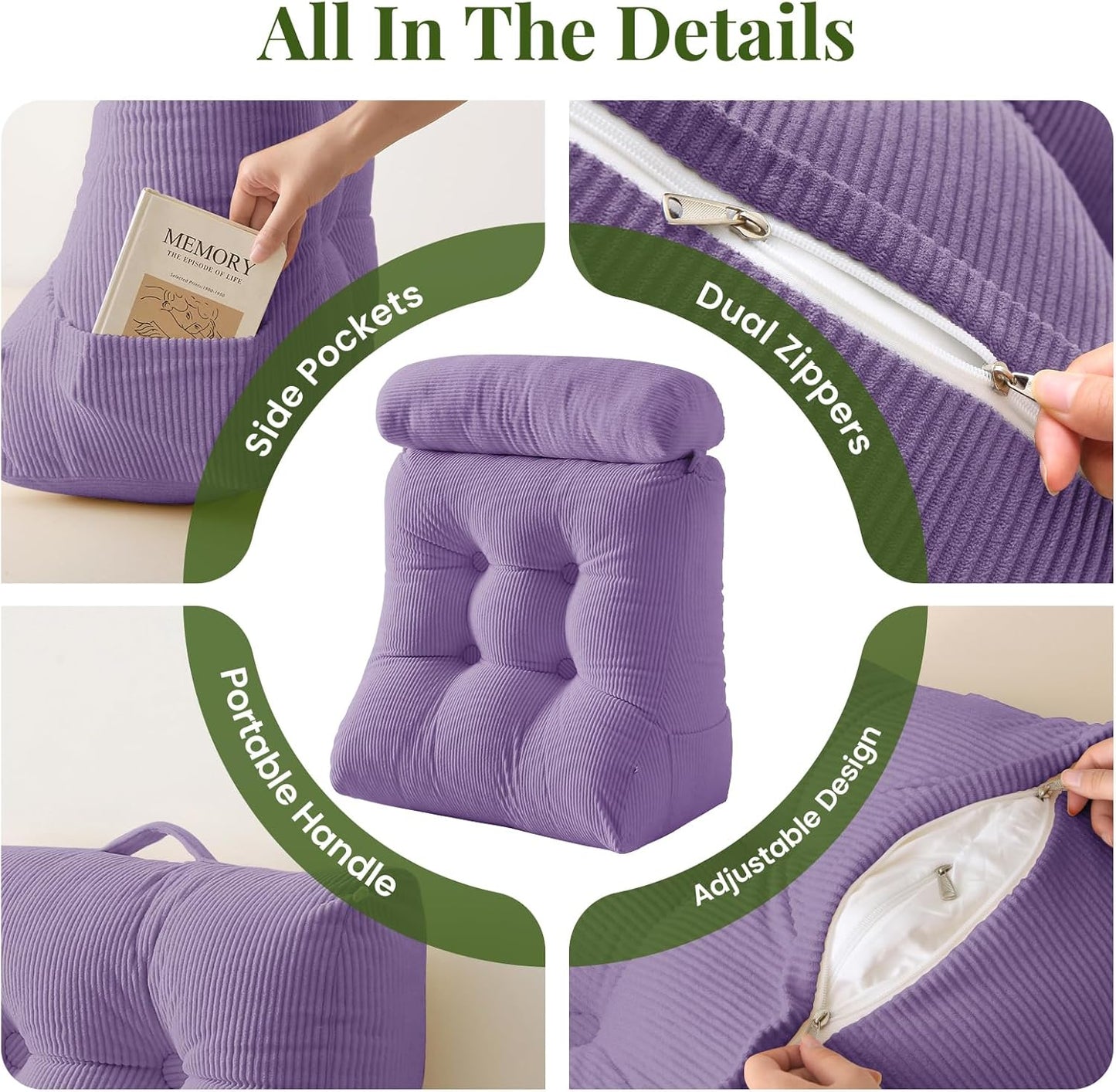 Sasttie Wedge Pillow Set, 3PCS Reading Pillow for Sitting, Bed Wedge Pillow Headborad for Sleeping, After Surgery, Acid Reflux, Leg and Back Support, with Neck Cushion, 23"x11.5"x30", Lavender