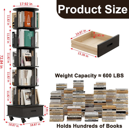 Solid Wood Rotating Bookshelf Tower on Wheels, 5-Tier Spinning Bookcase with Drawer, 72" Floor Standing Revolving Bookshelf, Rotating Bookcase for Small Space, Black