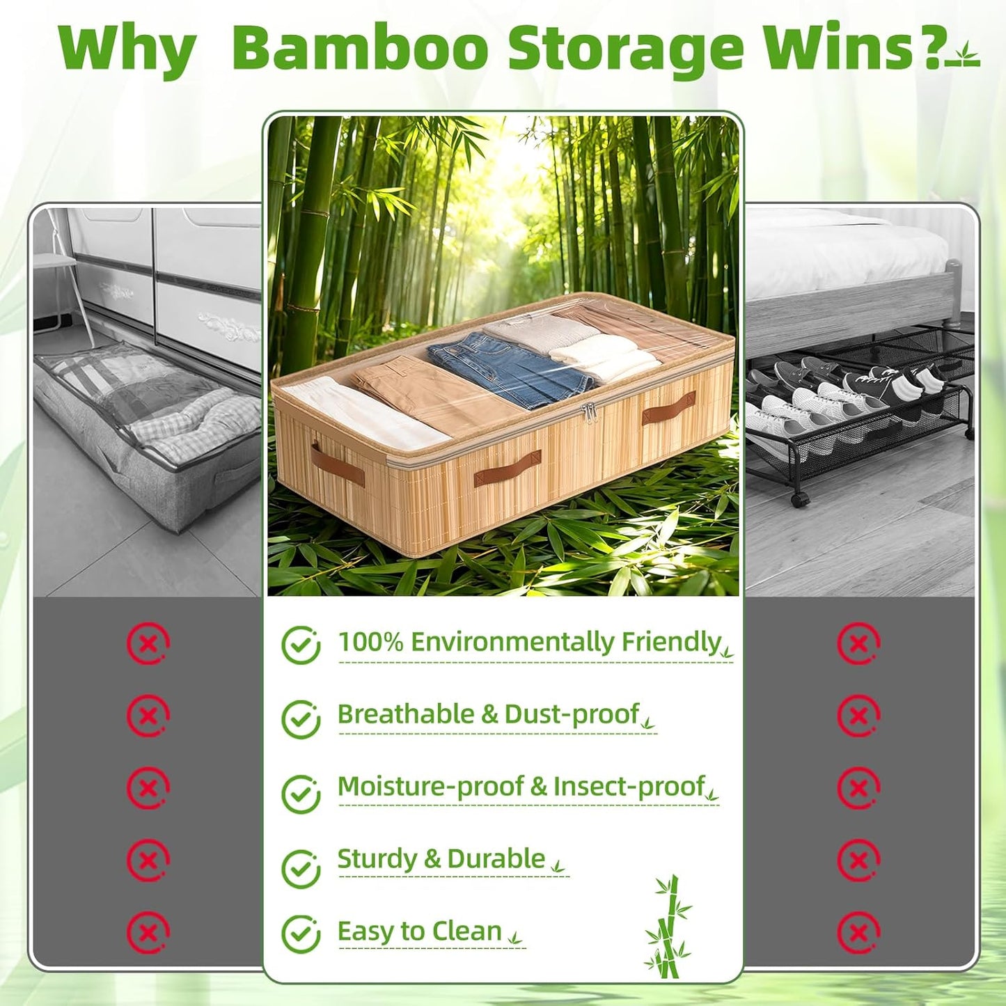 Livole 2 Pack Bamboo Under Bed Storage, 6 inches Underbed Storage Containers, 56L XXL Under Bed Storage Bins with Clear Lid & Label for Clothes, Blankets, Sweater, Shoes