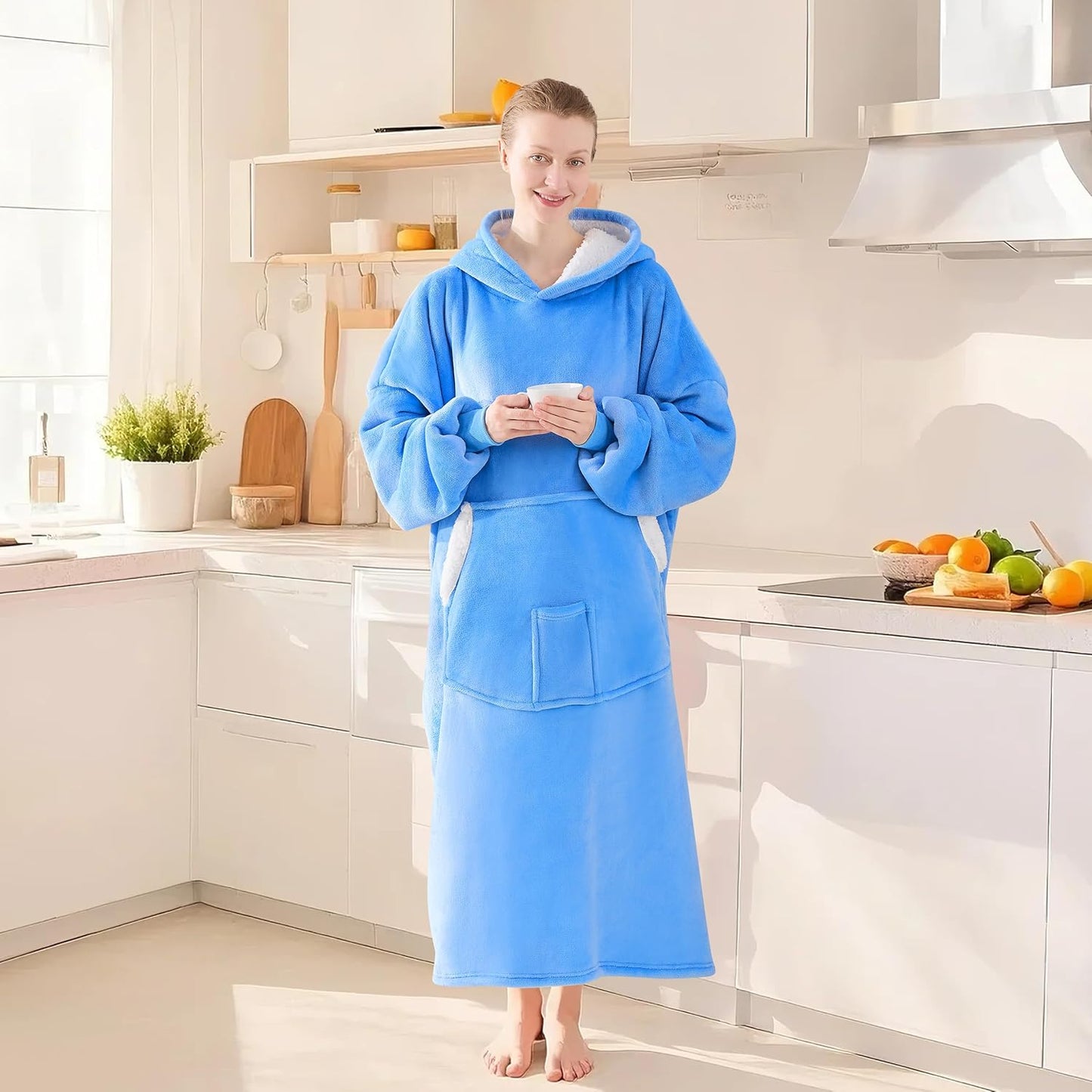 Wearable Blanket Hoodie, Birthday Christmas Gifts for Women Mom Girlfriend, Oversized Cozy and Giant Flannel Sherpa Hooded Sweatshirt Blanket with Hood Pockets & Sleeves, Extra-Long, Blue