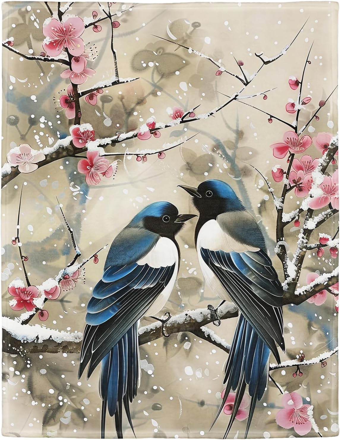 Plum Blossoms & Magpies Blanket, Traditional Art Home Decor, Super Soft Fleece Throw Blankets for Couch Sofa Bed, 50" x 60"