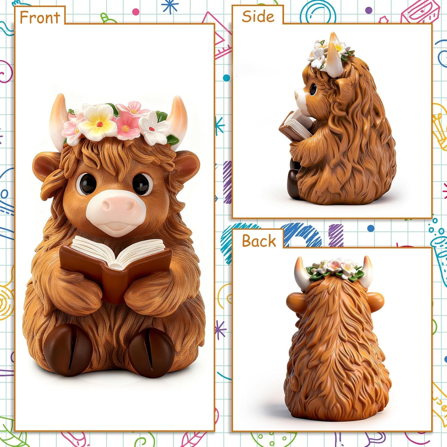 Highland Cow Figurine for Book Shelf Decor, Highland Cows Themed Gifts for Women, Resin Figures Home Desk Decorations Accents (Read)