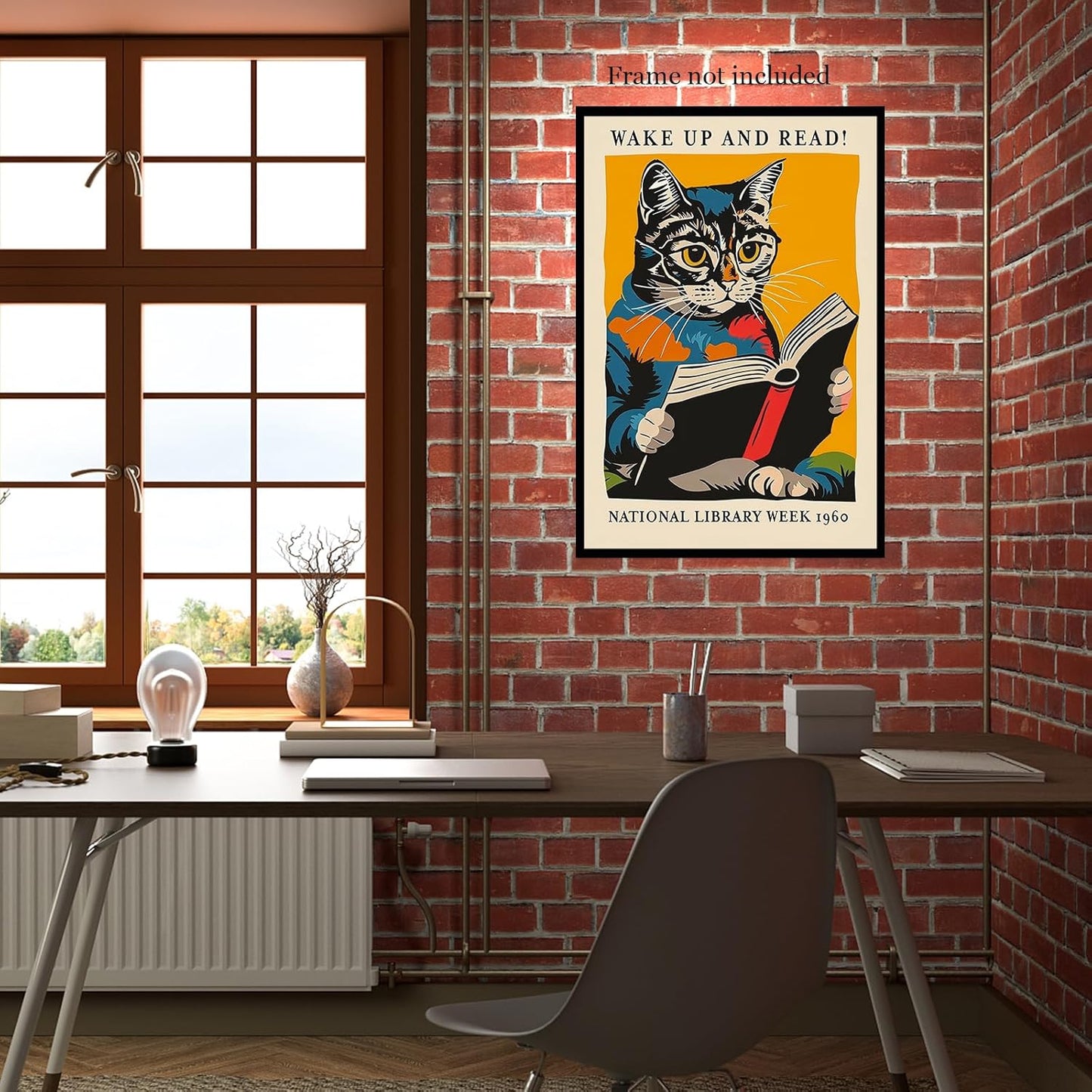 Vintage Cat and Book Poster Wall Art, Wake Up and Read Canvas, 1960 National Library Week Picture Prints Wall Decor for Book Lovers Bedroom 12x16 Inch Unframed