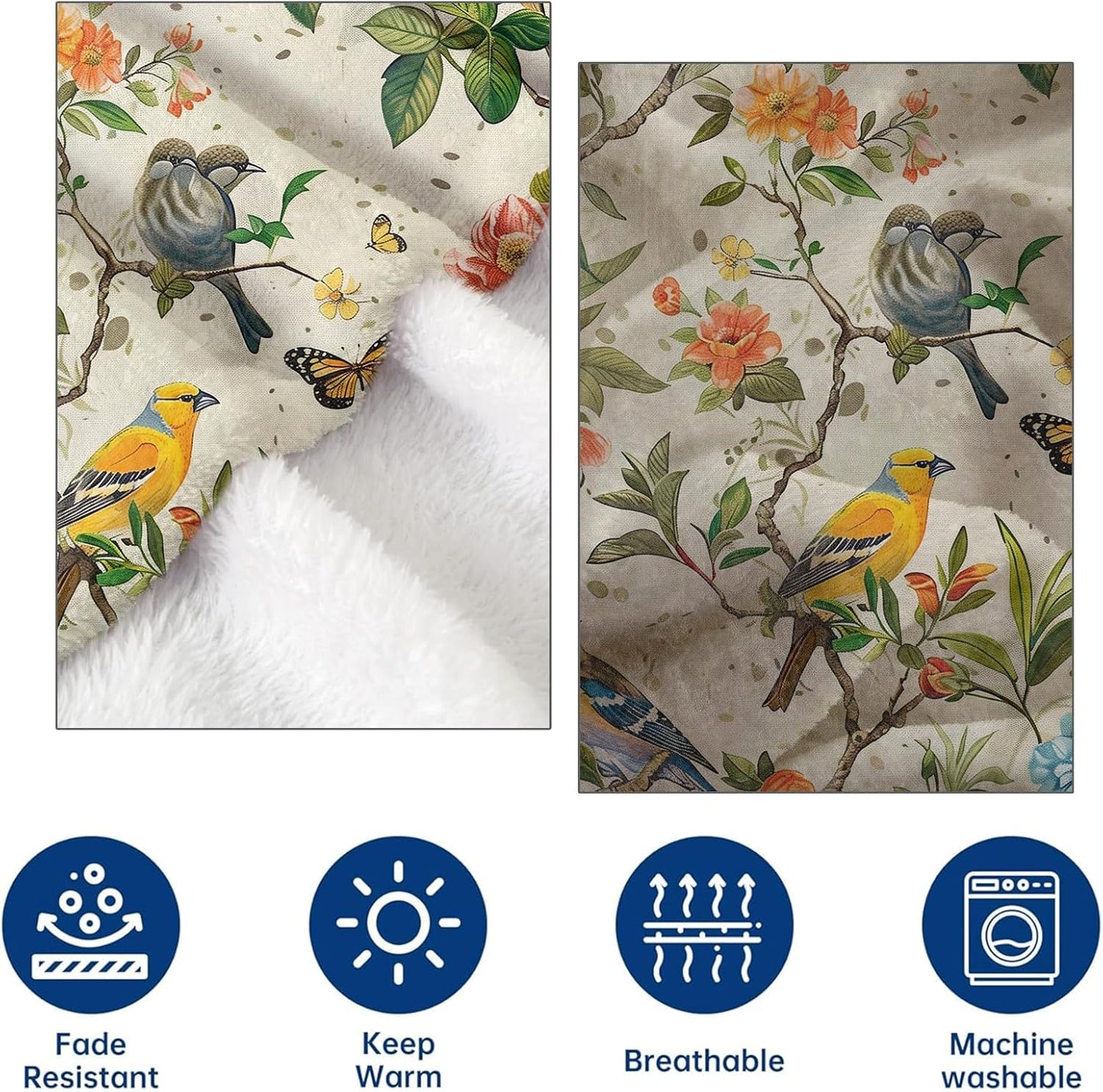 Colorful Bird Flannel Throw Blanket 50x60 Inch, Vibrant Songbird and Butterfly on Floral Branch Blankets Soft Cozy Fleece Throws for Nature Lover Bed Sofa Dorm Living Room Vintage Decor Gifts