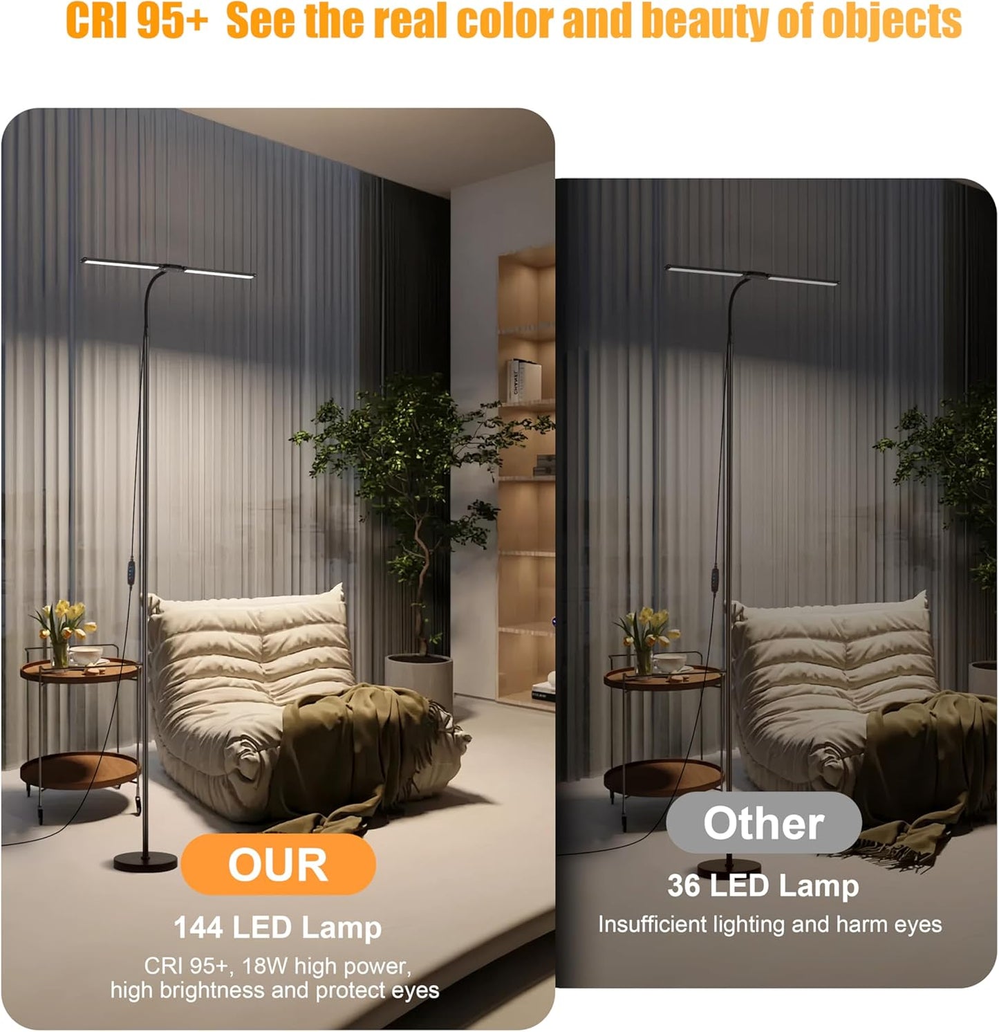 18W Dual Head LED Floor Lamp, Extended Flexible Gooseneck, Eye-Caring 3 Color Modes & 10 Brightness Levels, 4 Detachable Poles, USB Standing Light for Living Room, Bedroom, Office Reading