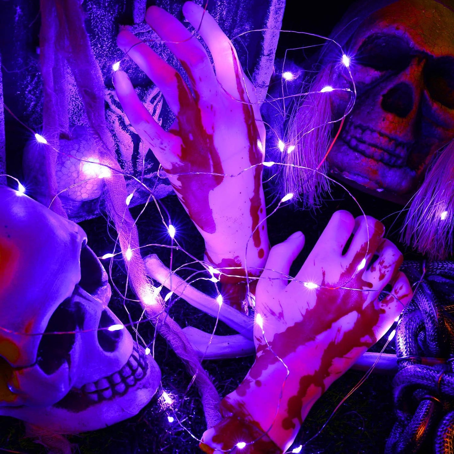 Brizled Purple Halloween Lights, 19.47ft 60 LED Purple Fairy Lights, Battery Powered Twinkle/Steady On Halloween String Lights Indoor Silver Wire Mini Starry Lights for Party, Xmas, Room Decor, 2 Pack