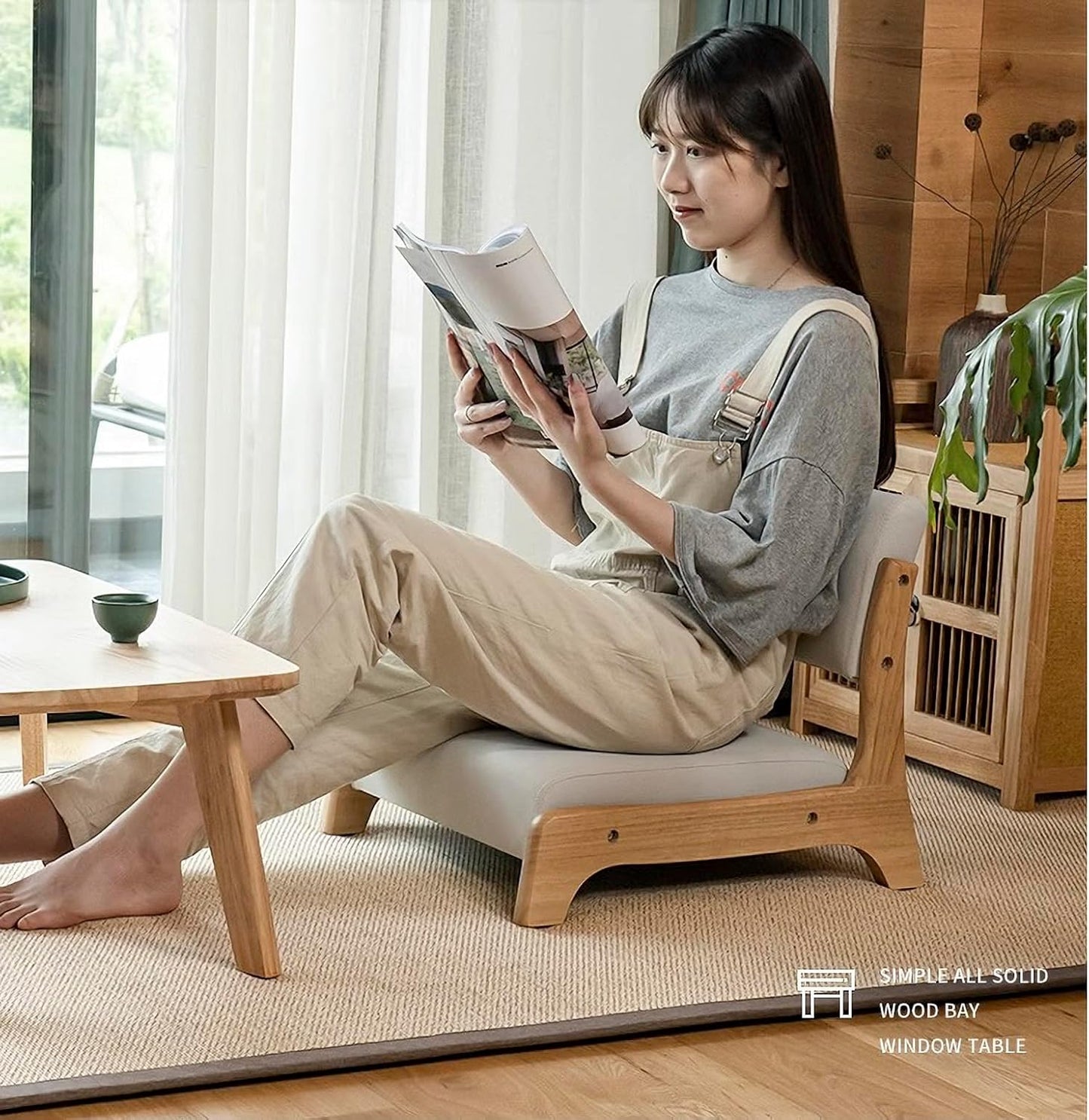 Damedai Japanese Floor Chair Tatami Zaisu Legless Chair Back Support Great for Reading Meditating Living Room Balcony (Grey with Fabric)