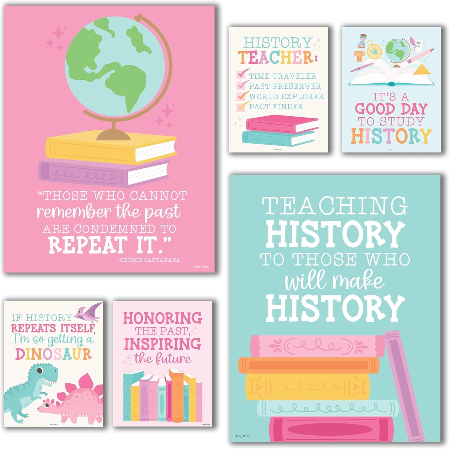 Hadley Designs 6 Social Studies Classroom Decorations – US History Posters for Elementary, Middle School and High School, Durable World History Wall Art for Teachers - Pastel Classroom Decor