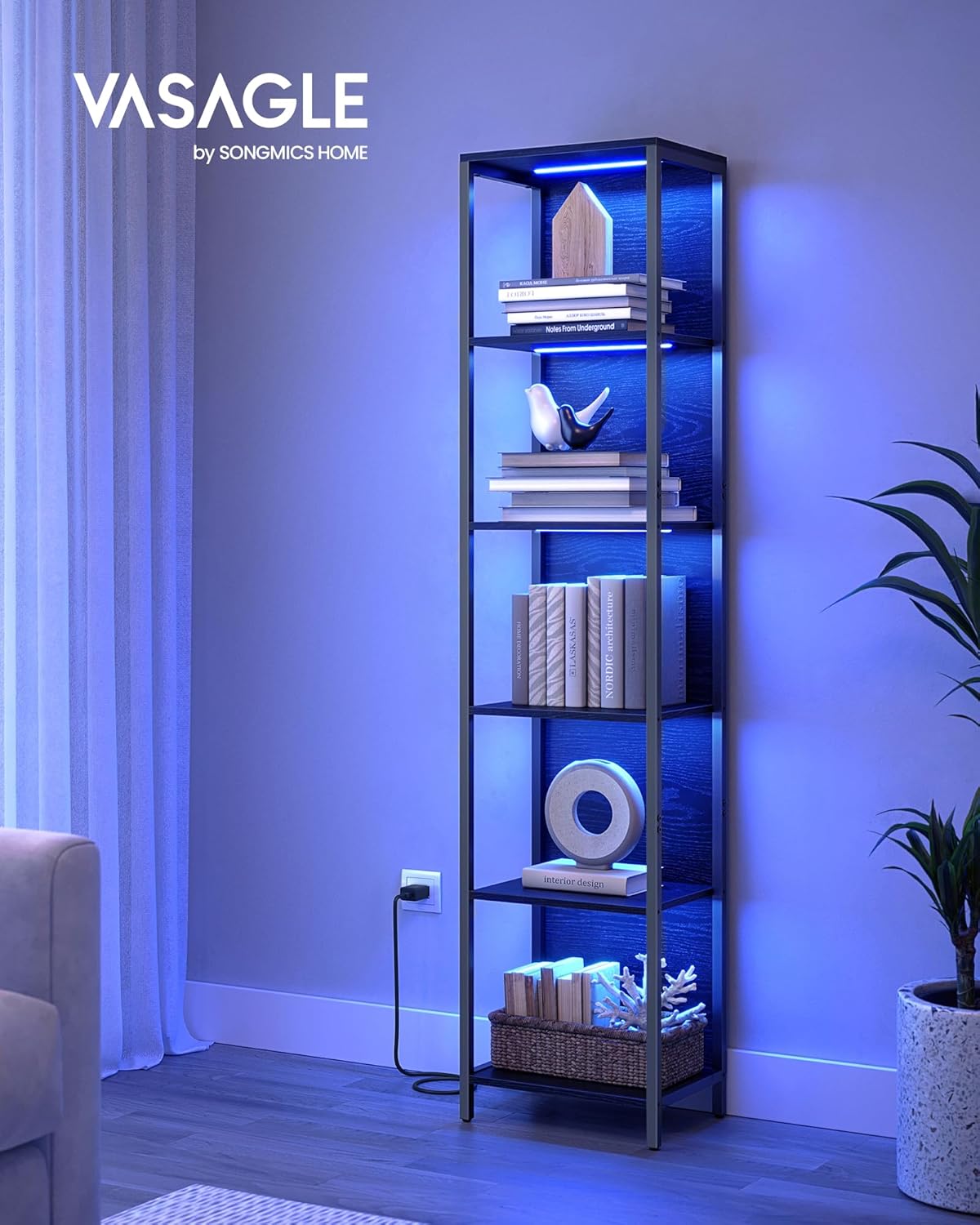 VASAGLE 6-Tier LED Bookshelf, Display Shelf with Dimmable Lights, LED Bookcase with Steel Frame, 11.9 x 15.7 x 70.3 Inches, for Living Room, Bedroom, Office, Black with Wood Grain ULLS121B56