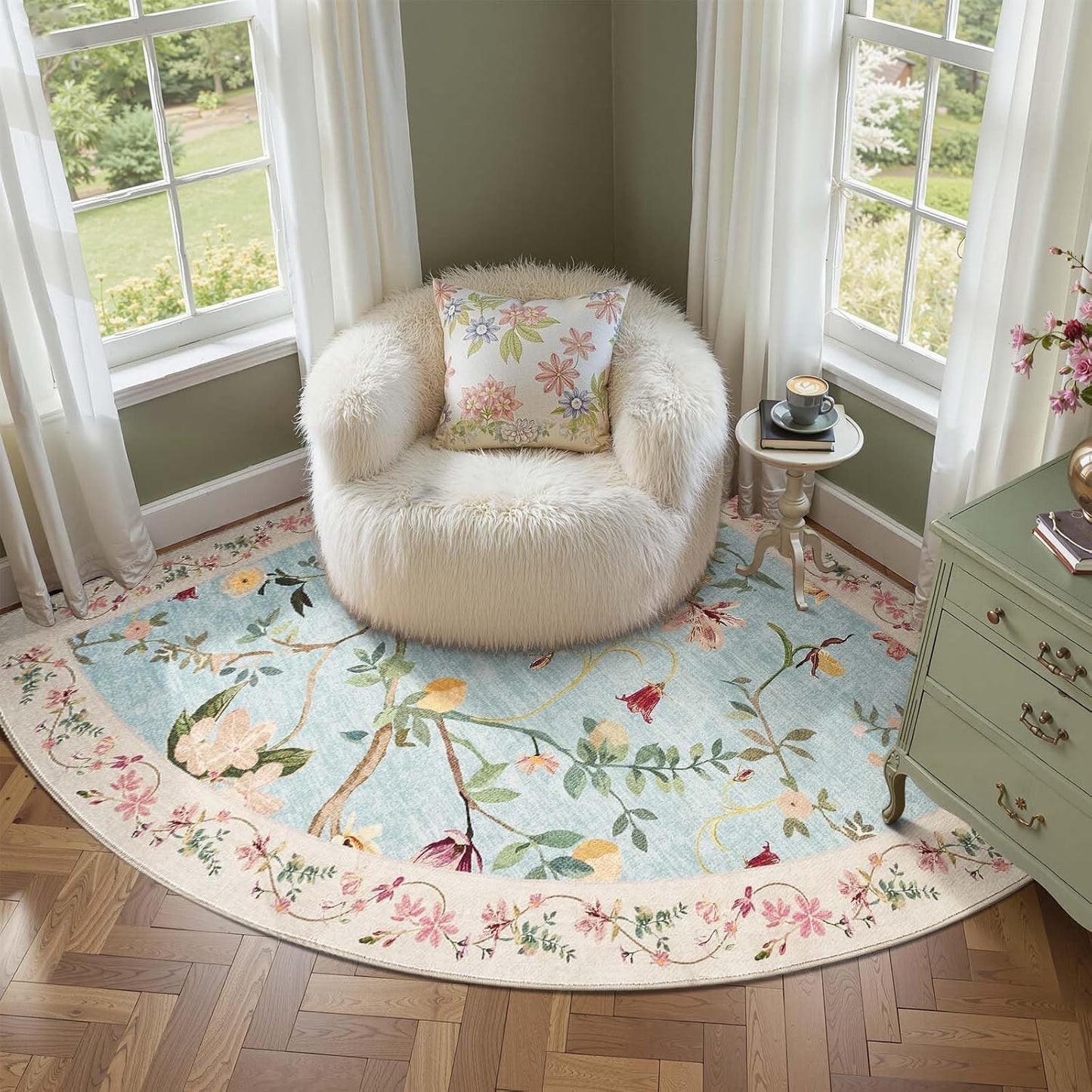 jinchan Floraison Floral Rug for 5FT Radius Corner Washable Sector Rug Oriental Flower Design Non Slip Quarter Circle Lightweight Low-Pile Throw Carpet for Bedroom Reading Nook Office Blue/Pink