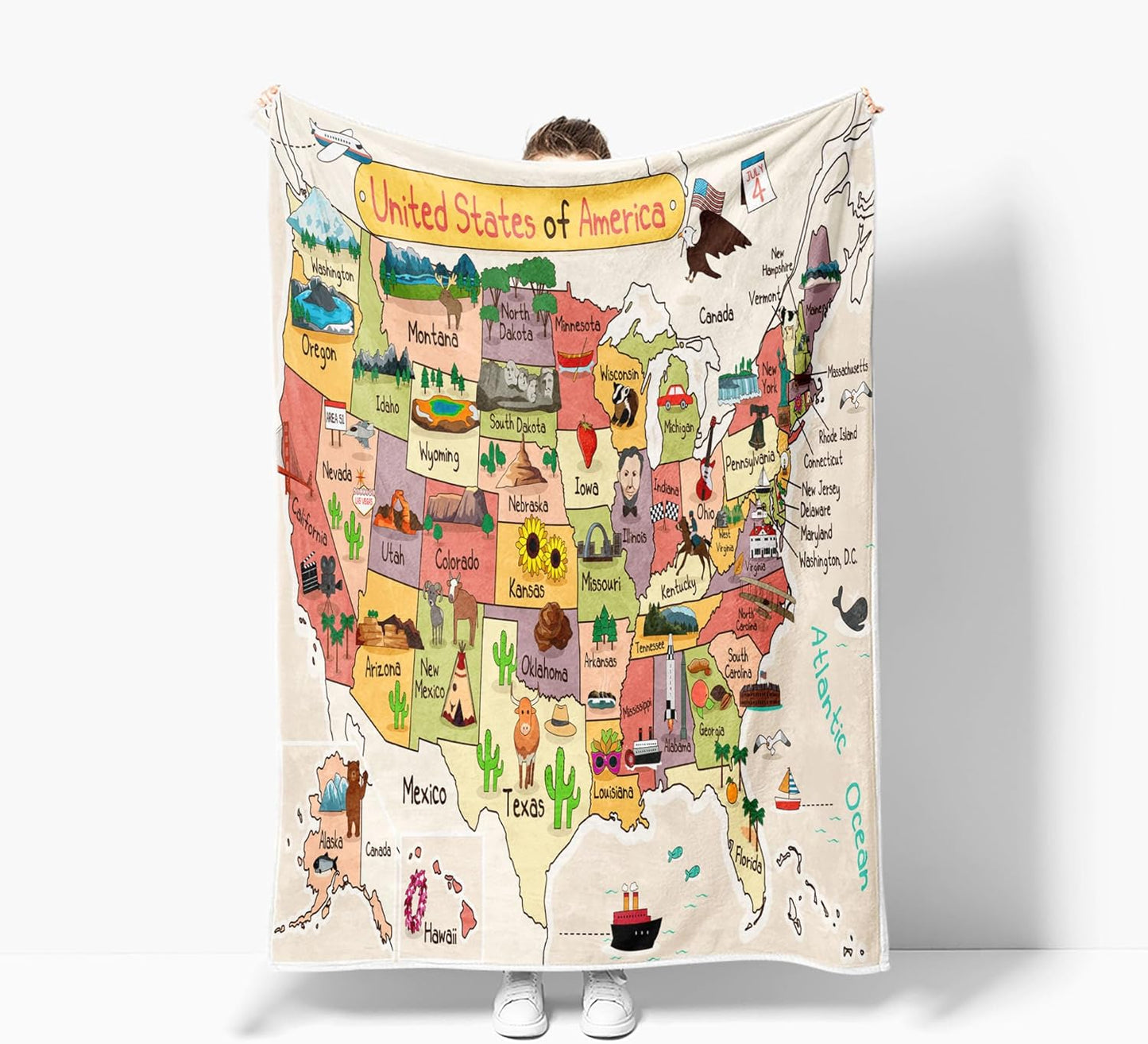 Kids Map of The United States Beige Throw Blanket, Fun Geography USA Camping Blankets for Bed, Animal Fleece Flannel Blanket for Sofa Couch Girls Boys Children Room Decor, 50X60in