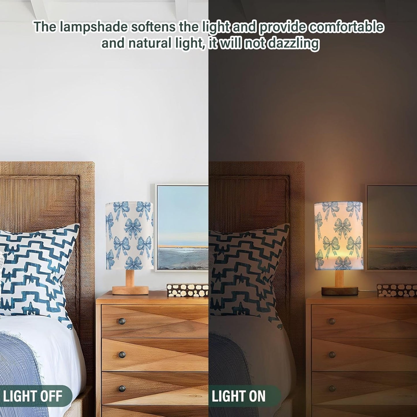 Bedside Table Lamp Blue Bows Printed Nightstand Lamp with Wood Desk Lamps for Bedroom Living Room Nursery Office Home Decor