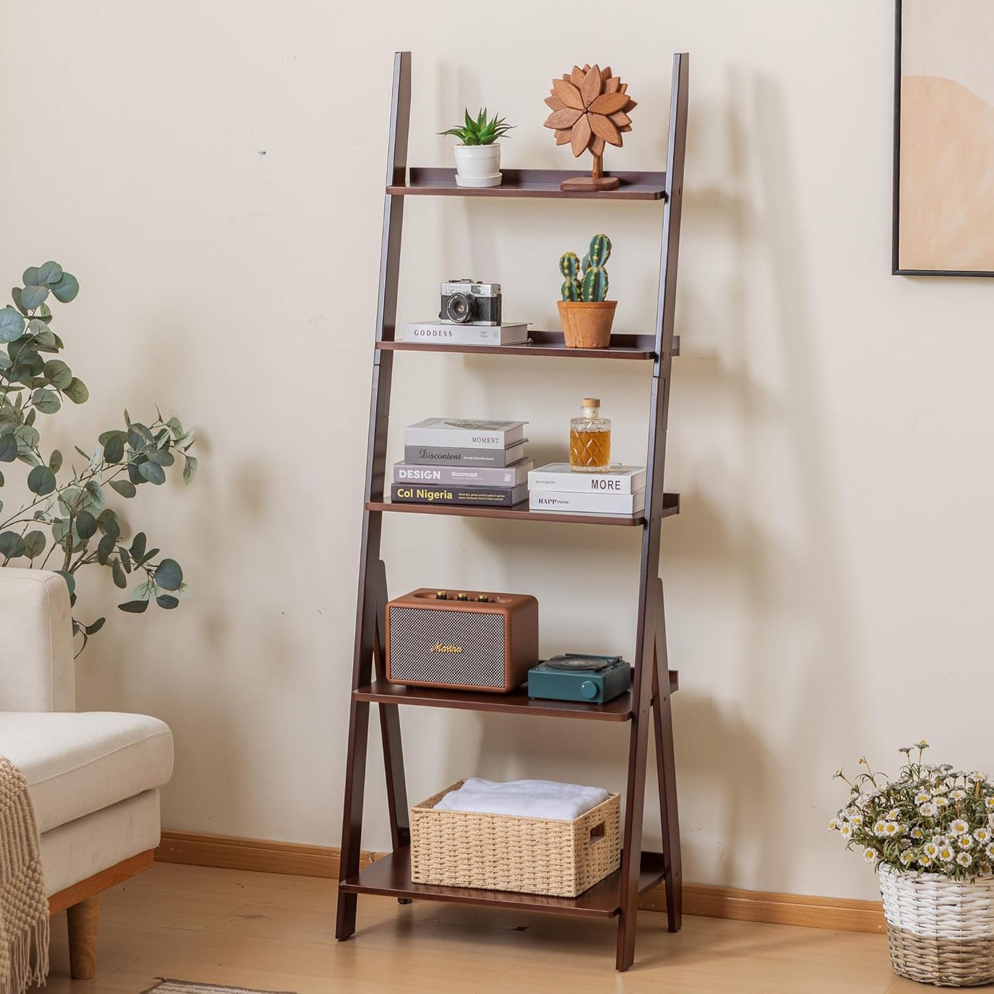 Maydear Bamboo Ladder Shelf Bookcase, 5-Tier Leaning Bookshelf Free Standing Organizer Storage Shelves for Living Room, Bedroom, Kitchen, Home Office, Balcony, Walnut