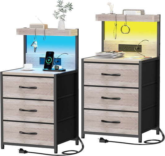 Night Stand Set 2 with LED Lights for Bedroom, Bedside Nightstands with Power Outlet and Type C Port, Matching Tables with 3 Fabric Drawers, Hooks, and Shelves, Greige