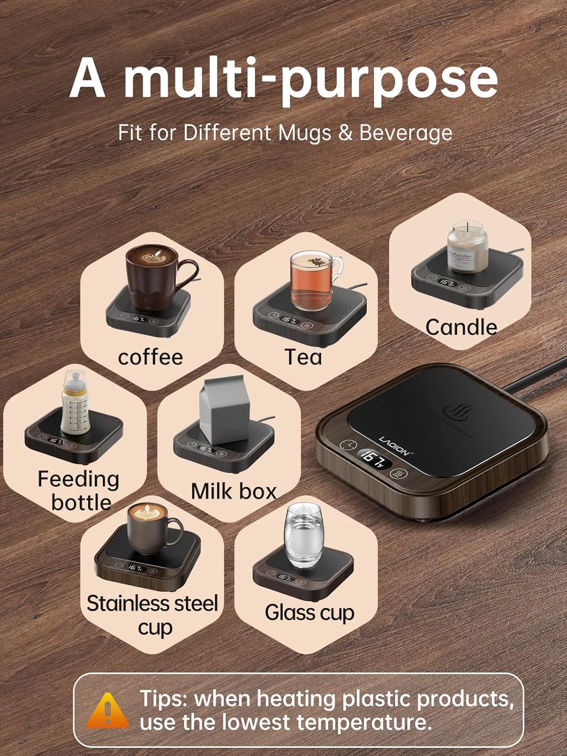 Mug Warmer - 40W Coffee Cup Warmer for Desk with Auto Shut Off, Smart Electric Candle Warmer with 4 Temp & Time Settings, Coffee Gifts for Beverage, Tea, Water, Milk in Home & Office (Wood)