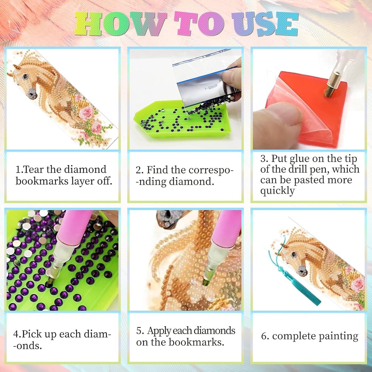 10Pcs Horse Flower 5D Diamond Art Bookmarks Floral Diamond DIY Painting Bookmarks Rhinestones Beaded Acrylic Tassel Bookmark for Adult Beginner Crafts