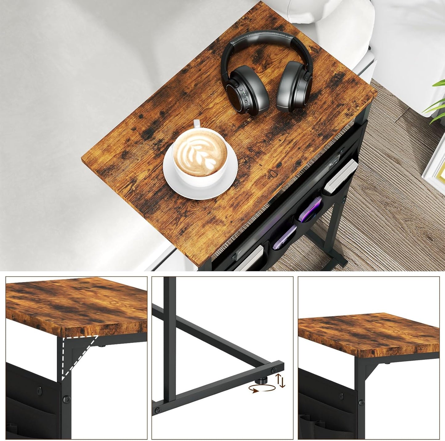 C Shaped End Table, Small Side Table with Storage Bag for Couch, Sofa Table with Metal Frame for Living Room and Bedroom Bedside, Rustic Brown ZER-007Br