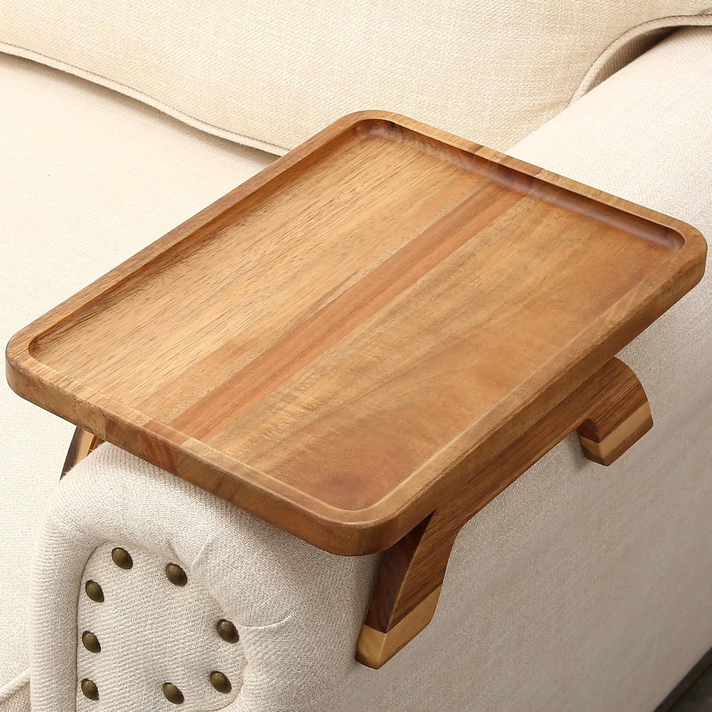 SINWANT Couch Arm Table,Acacia Wood Sofa Arm Rest Tray for Couch,13.78" Foldable Couch Armrest Tray Tables for Home Apartment Small Spaces