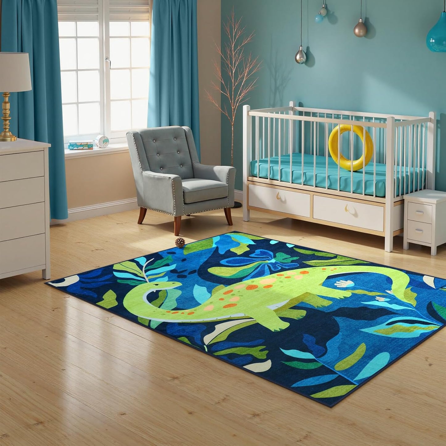 LIVEBOX Washable 3x5 Dinosaur Rugs for Boys Bedroom, Soft Animal Rug for Kids Playroom, Non-Slip Washable Rugs for Entryway Office，Kids Carpet for Nursery Classroom (Blue,3'x5')