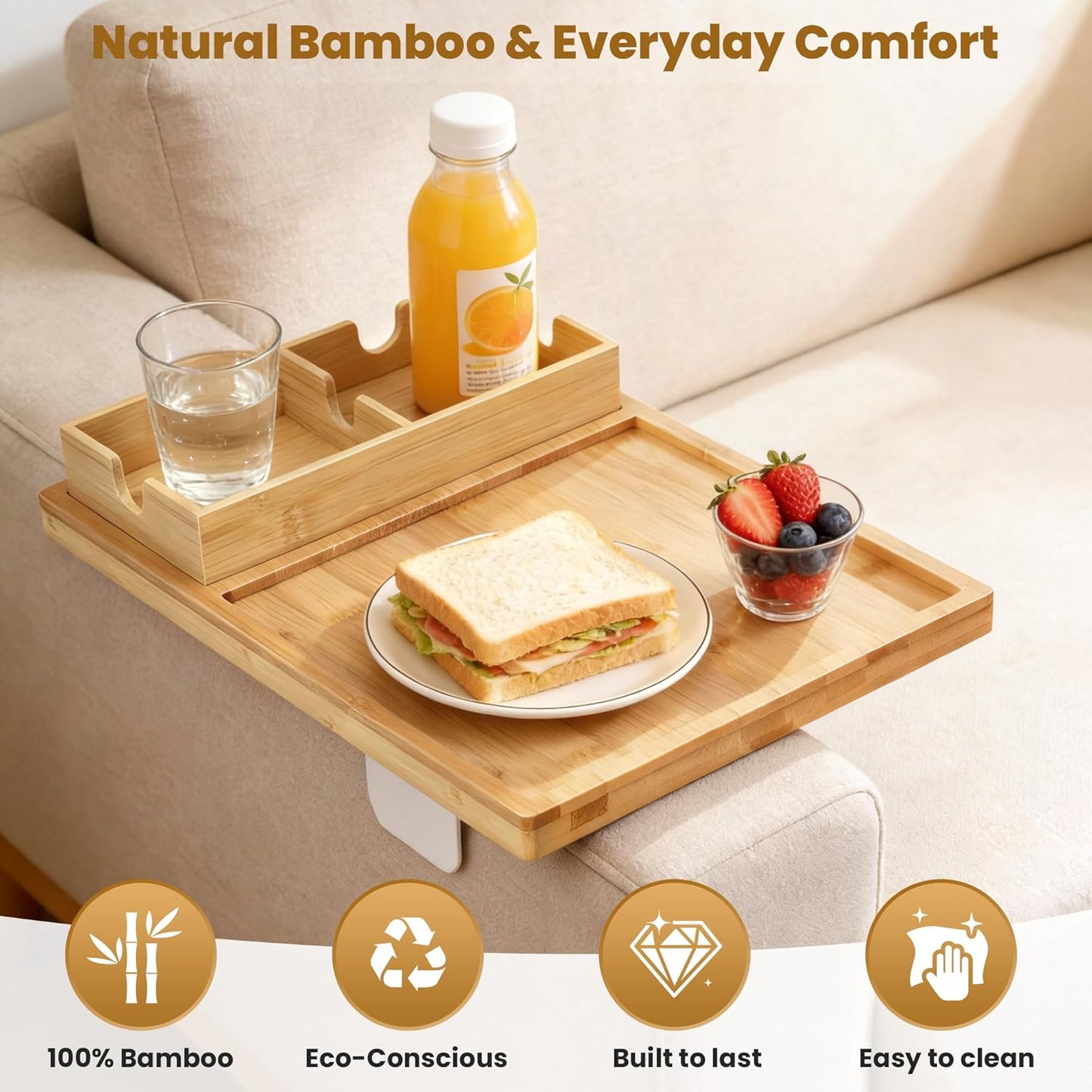 2-in-1 Couch Cup Holder Tray with Metal Legs, Bamboo Couch Armrest Table with Detachable Cup Holder, Adjustable 2–9.85 Inch Fit, Extra Stable Sofa Arm Tray for Living Room & Recliner