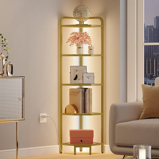 Corner Shelf with LED Lighting, 5-Tier Glass Bookshelf, Steel Frame, Tempered Glass, Modern Style Corner Shelf, Suitable for Living Room, Bedroom and Game Room, Gold CS09599G