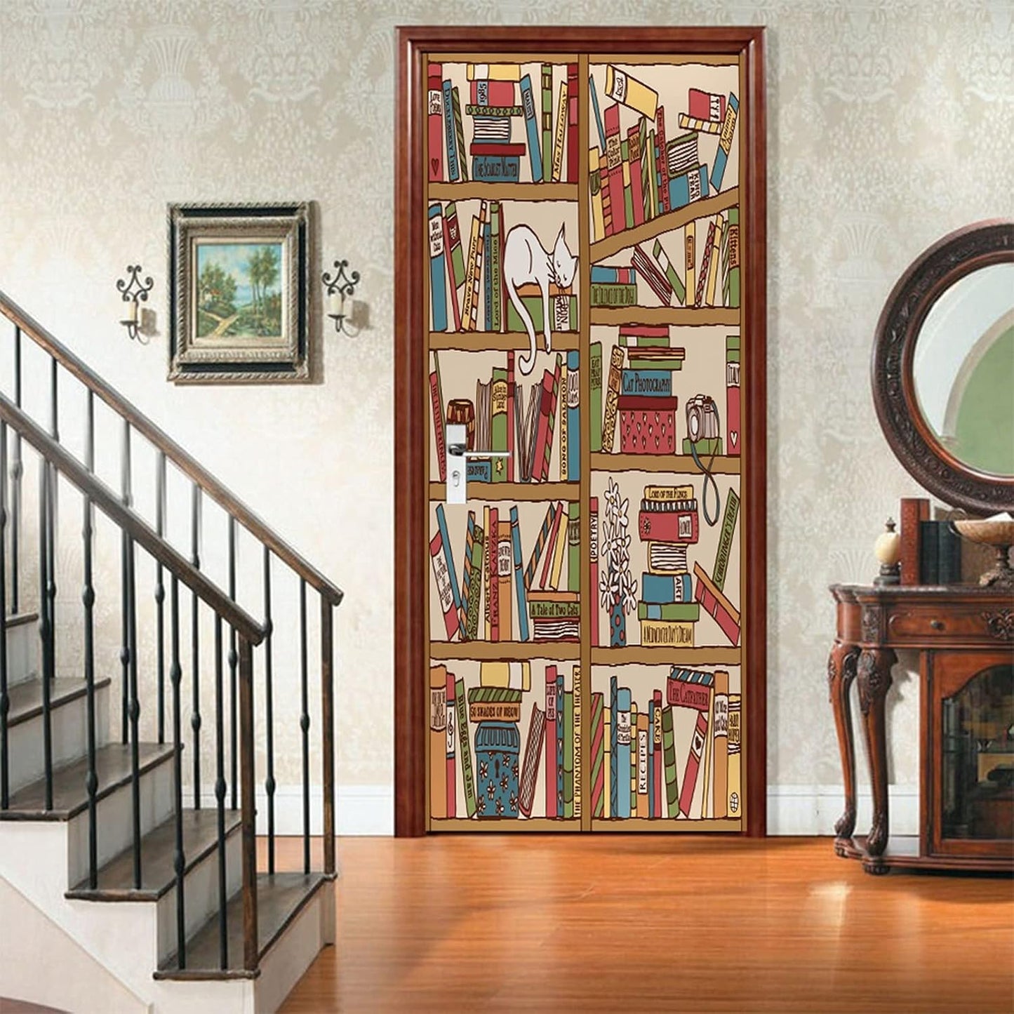 3D Door Stickers for Interior Doors Hand Drawn Bookshelf with Sleeping Cat Vinyl Waterproof Self Adhesive Door Mural Decals for Bedroom Office Bathroom 77 x 200 cm